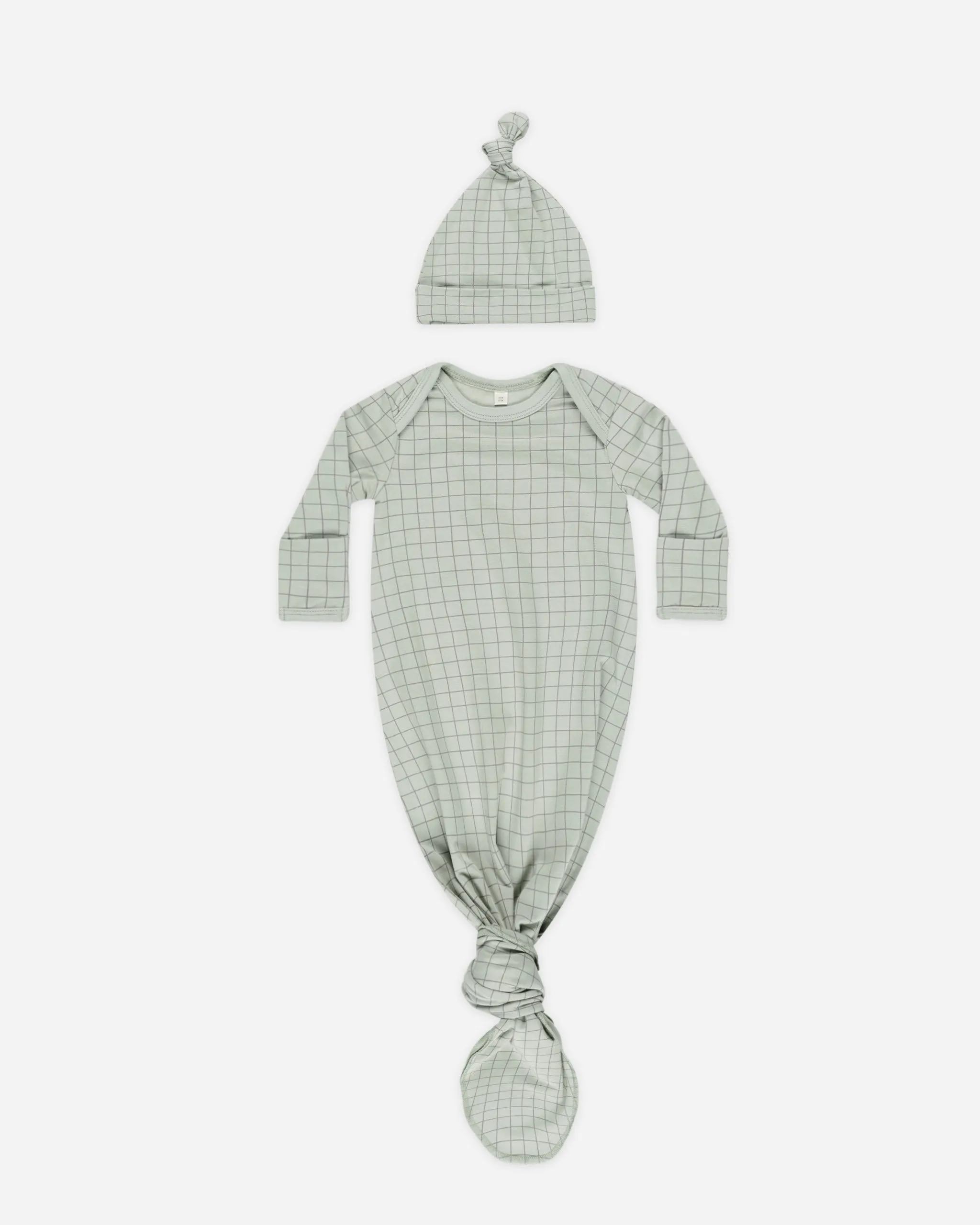 -Knotted Baby Gown   Hat Set || Sage Grid-