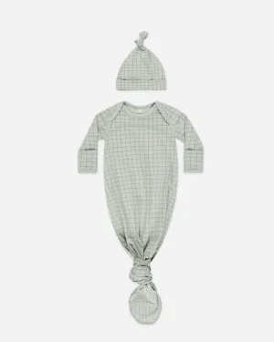 -Knotted Baby Gown   Hat Set || Sage Grid-