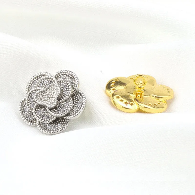 15mm Golden Silver Three Dimensional Camellia Buttons with Full Rhinestones 2pcs