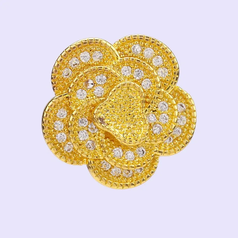 15mm Golden Silver Three Dimensional Camellia Buttons with Full Rhinestones 2pcs