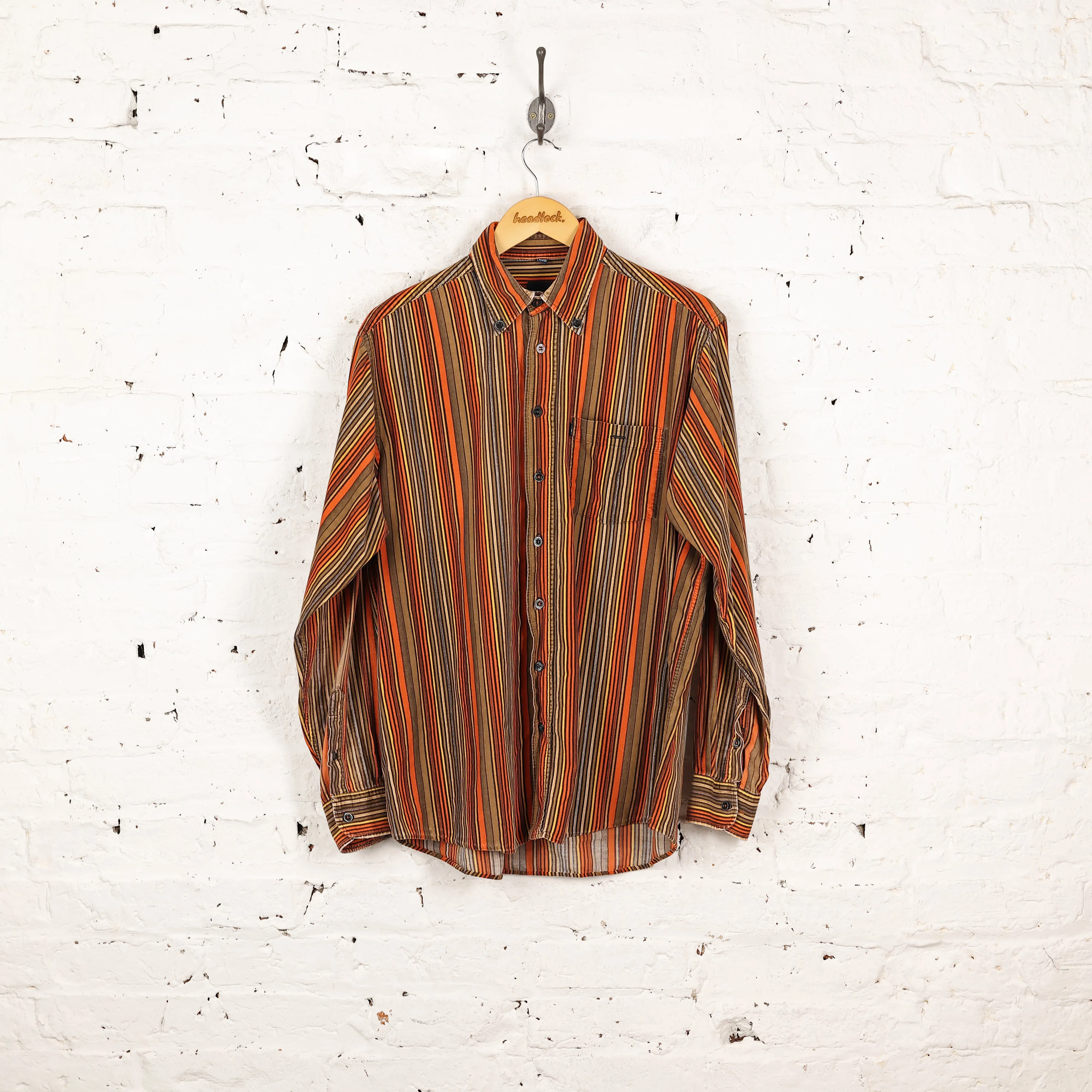 90s Striped Corduroy Shirt - Orange - L