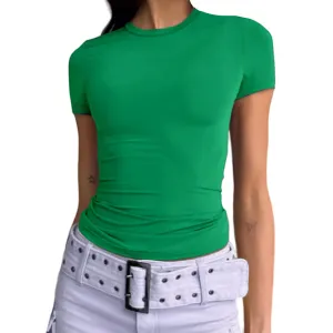 Abardsion Women's Casual Basic Going Out Crop Tops Slim Fit Short Sleeve Crew Neck Tight T Shirts.