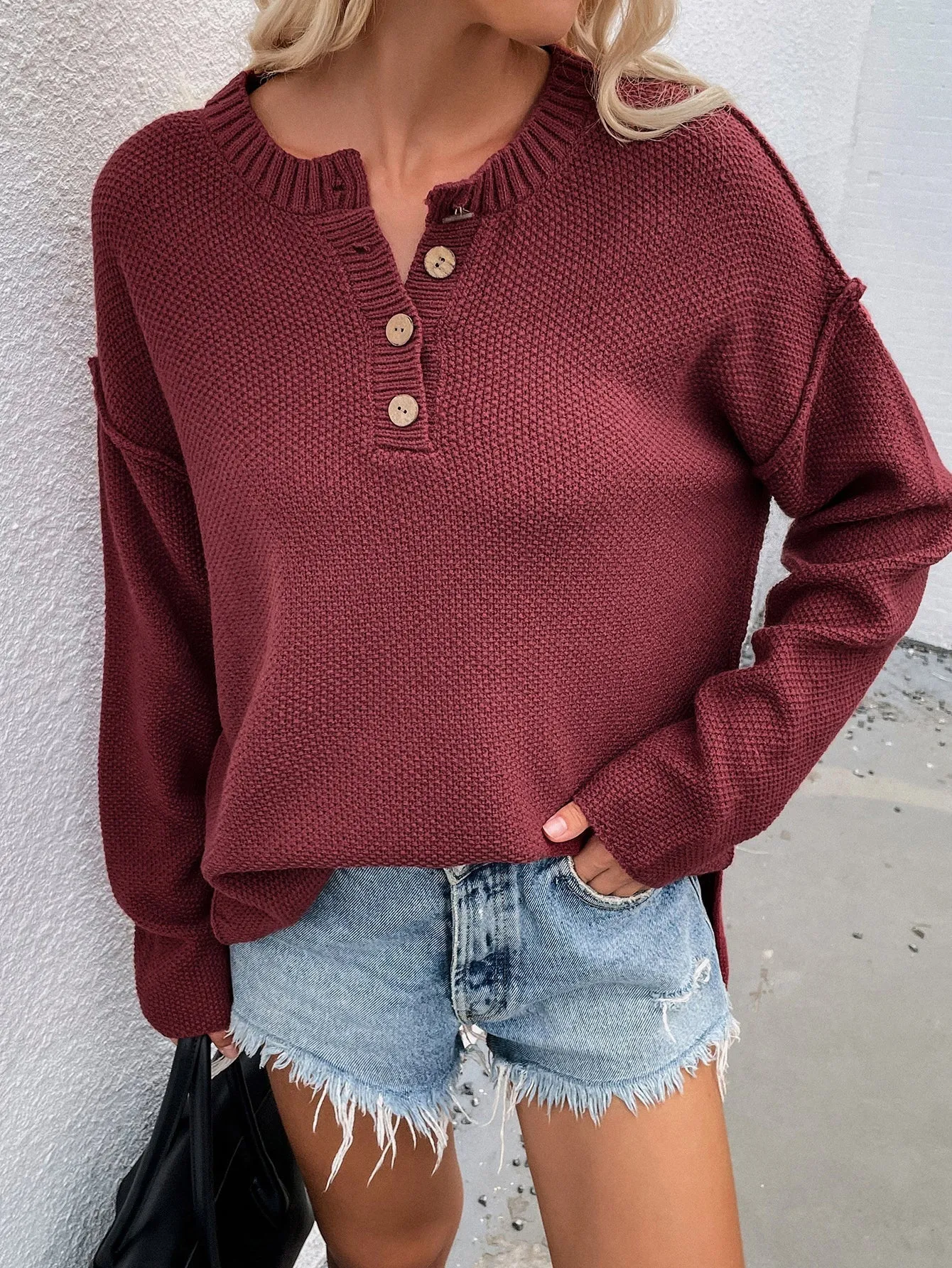 Adyn Collared Button Down Knit Sweater - Wine