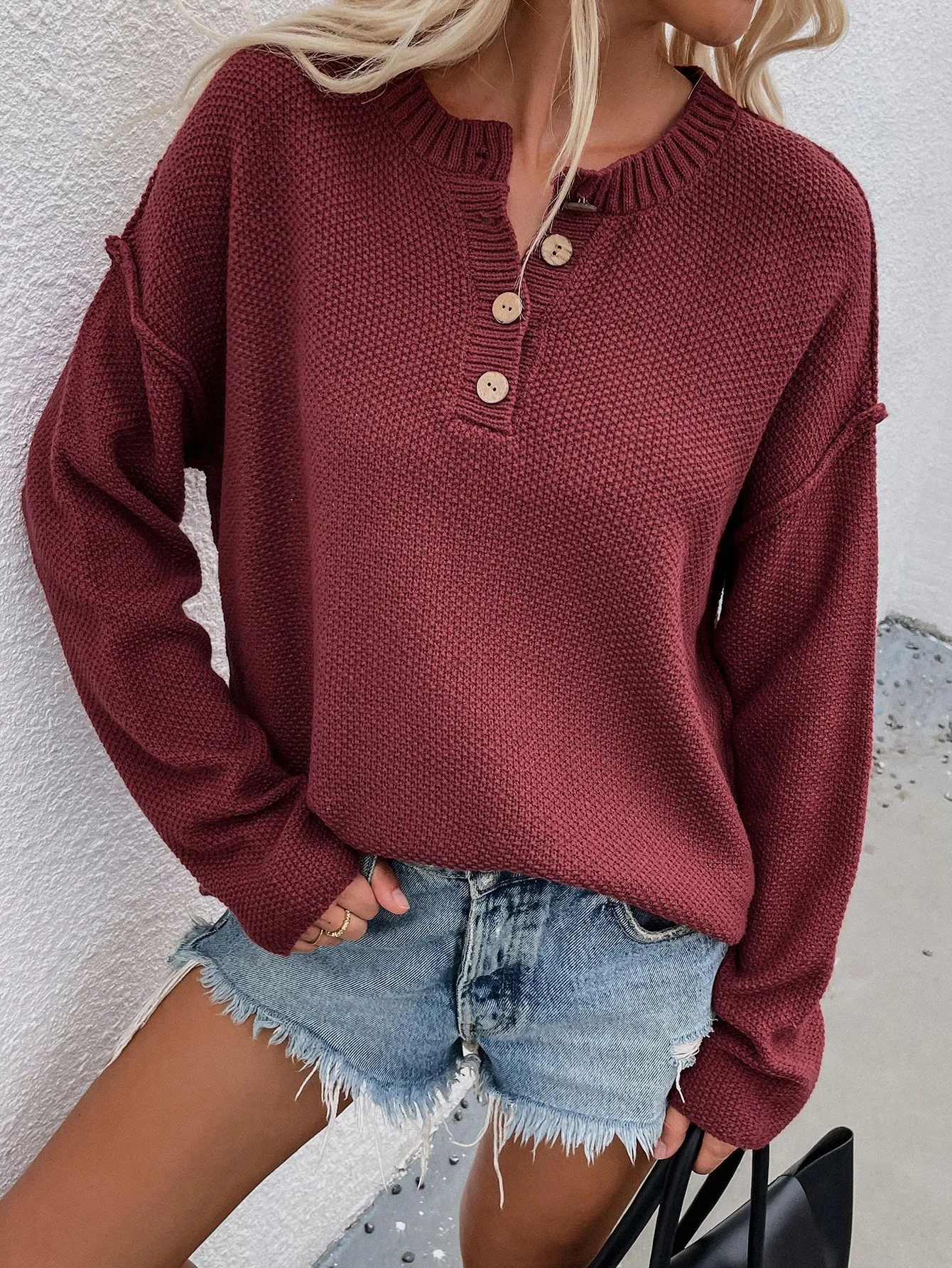Adyn Collared Button Down Knit Sweater - Wine