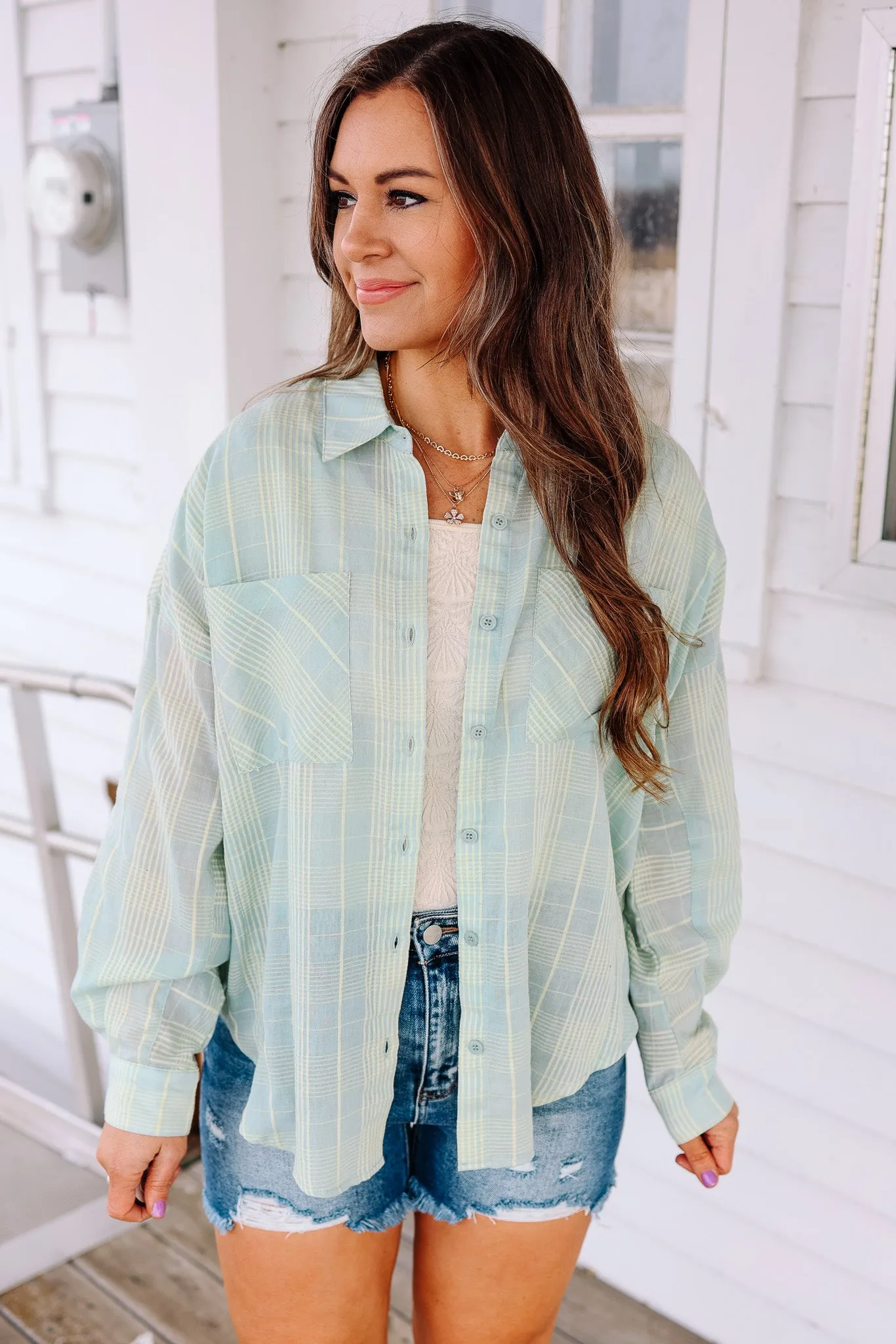 Alix Plaid Button Down - Mint