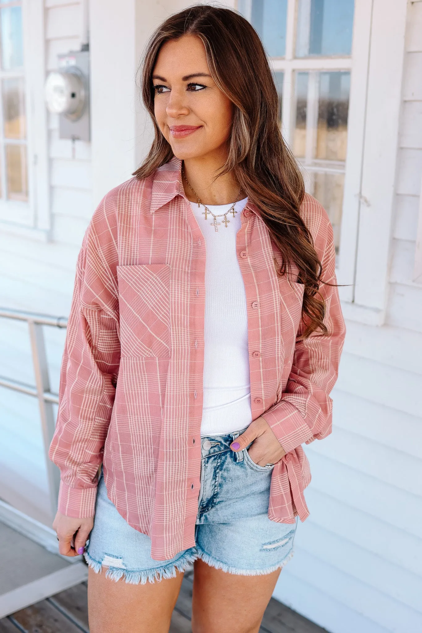 Alix Plaid Button Down - Rose