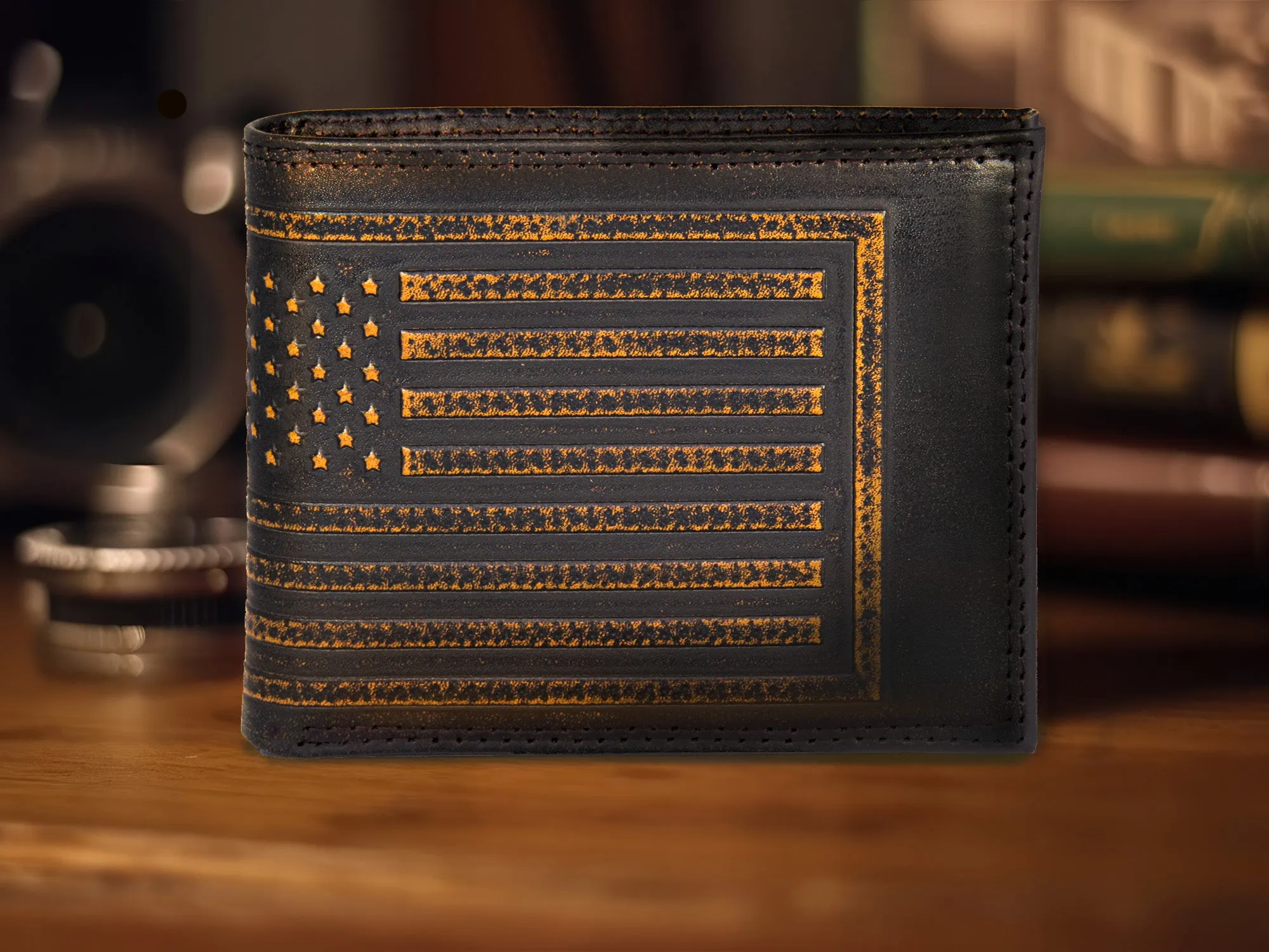 American Flag Burnished Leather Bifold Wallet