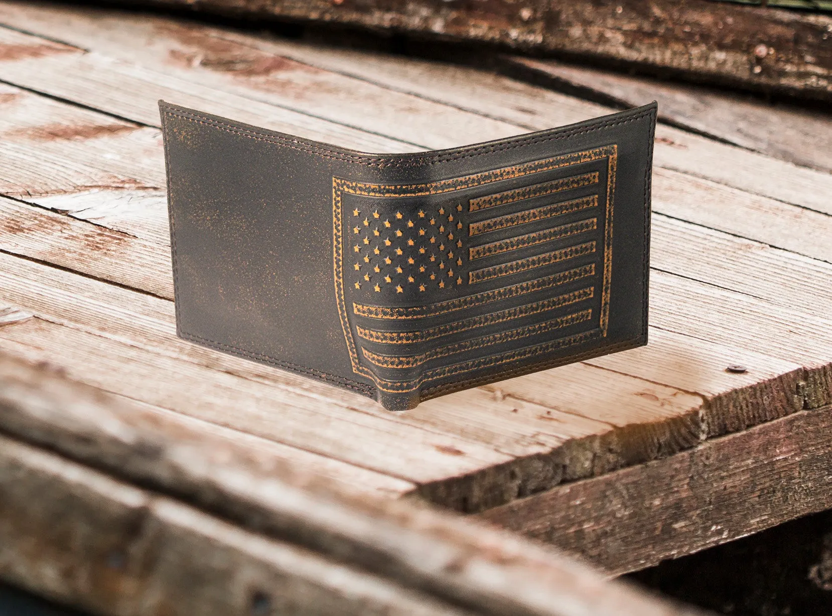 American Flag Burnished Leather Bifold Wallet