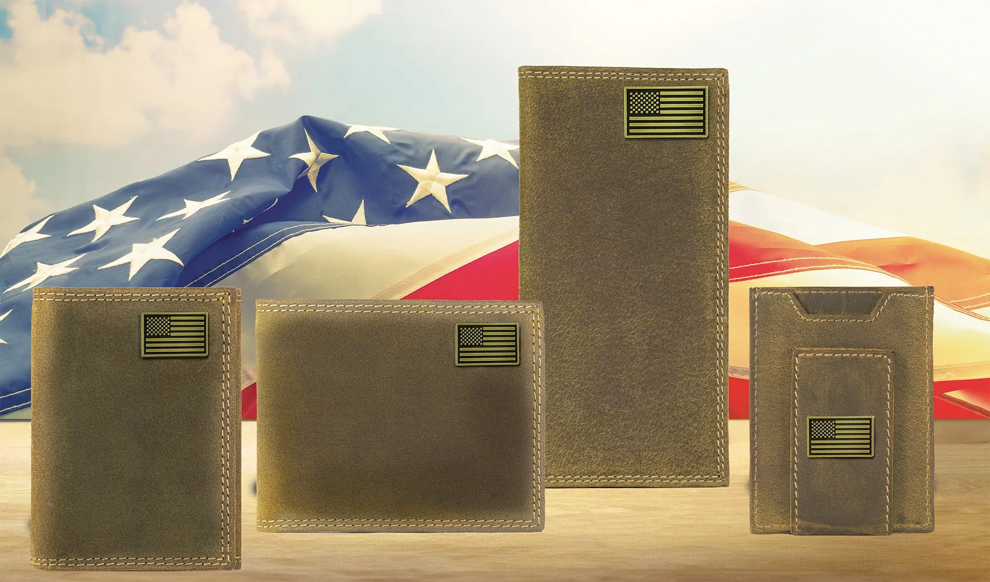 American Flag Vintage Tan Leather Bifold Wallet