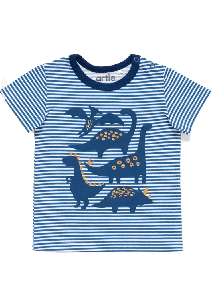 Artie - Dinosaurs Striped Blue and White T Shirt