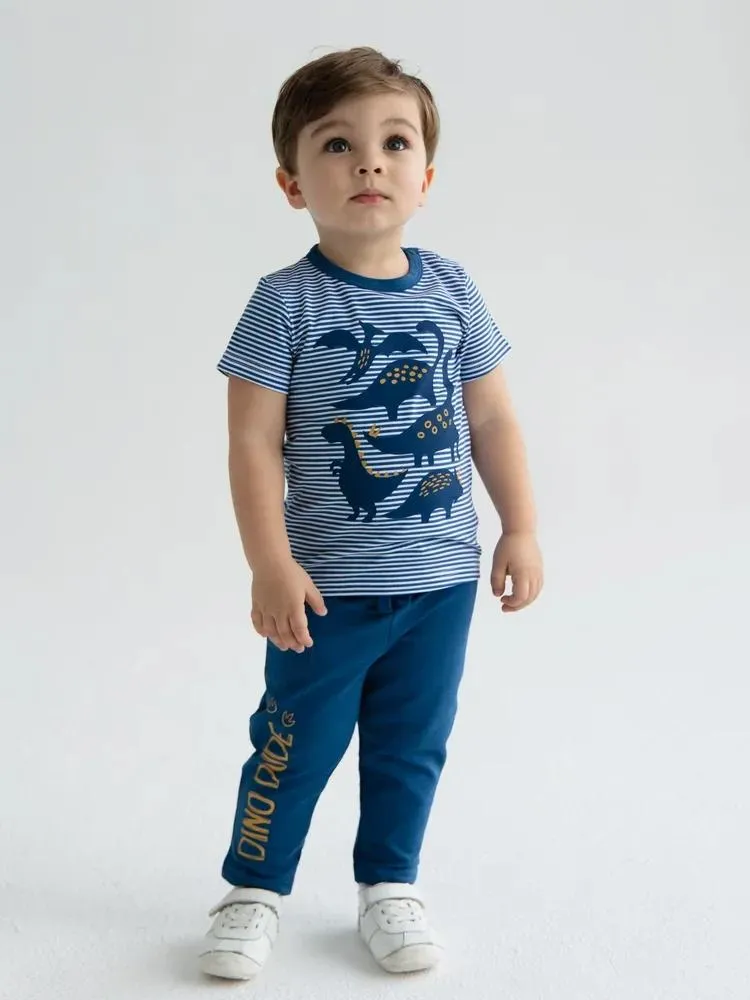Artie - Dinosaurs Striped Blue and White T Shirt