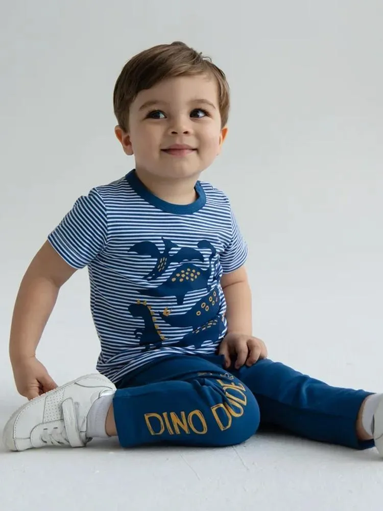 Artie - Dinosaurs Striped Blue and White T Shirt
