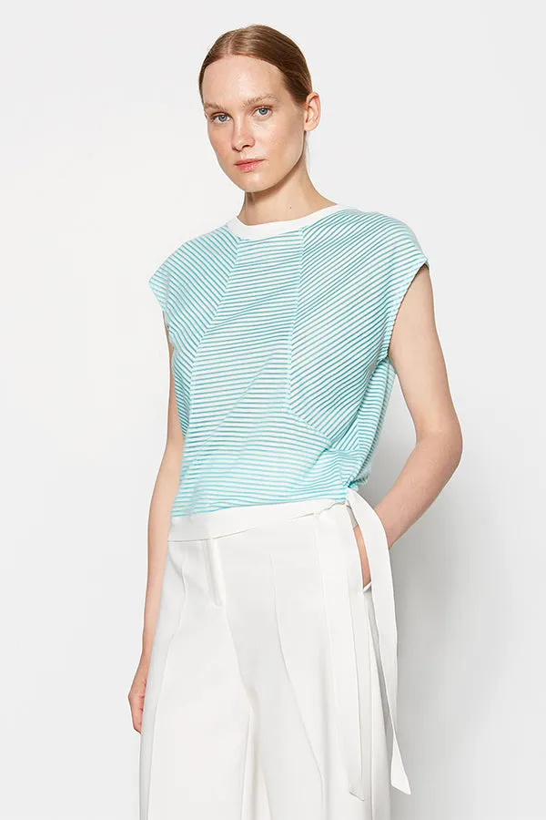 ASYMMETRICAL CUT STRIPED TURQUOISE T-SHIRT