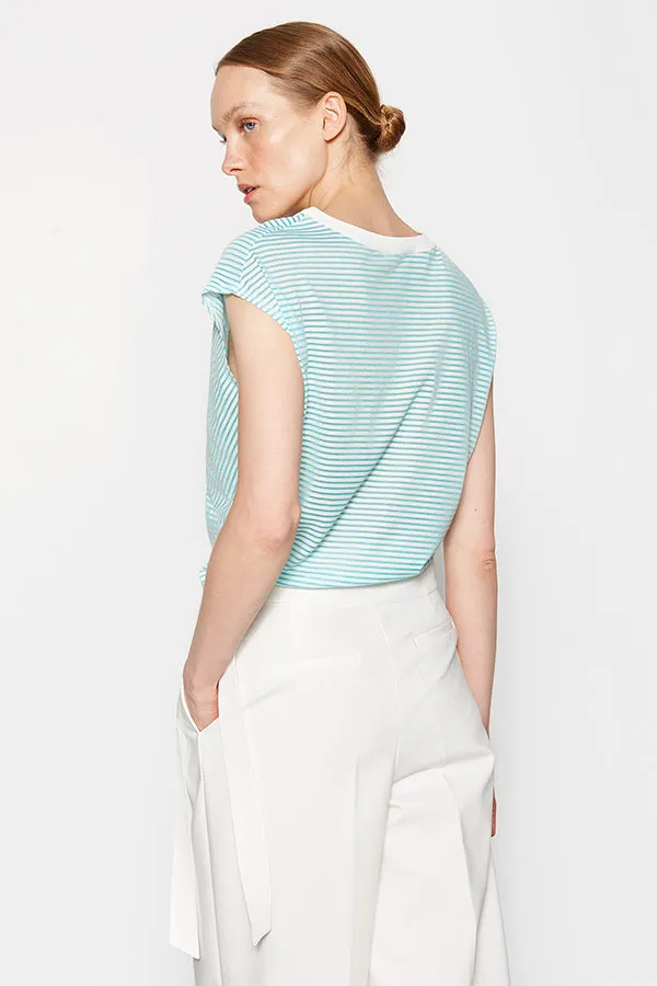 ASYMMETRICAL CUT STRIPED TURQUOISE T-SHIRT