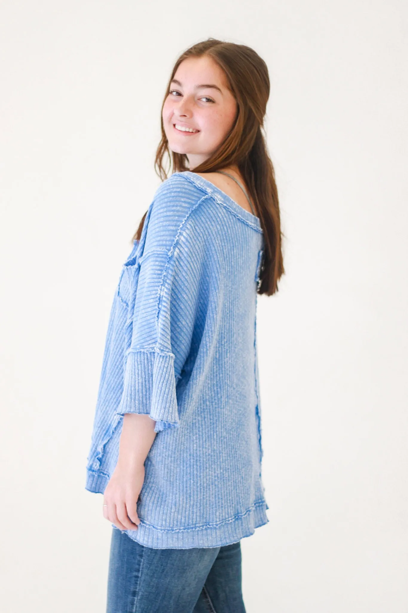 Aurora Mineral Washed Thermal Knit Top in Peri Blue