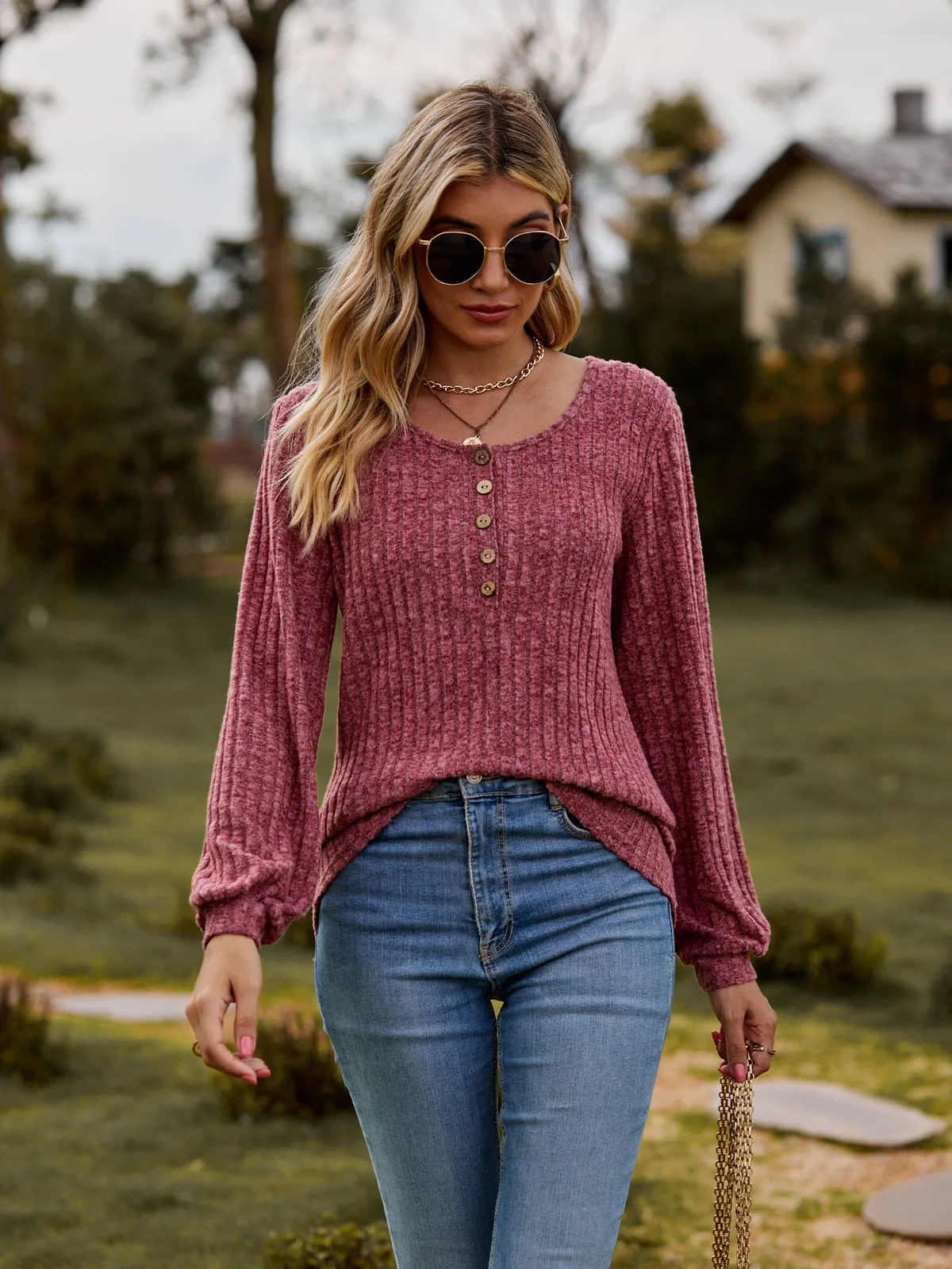 Aurora Round Neck Button-Down Long Sleeve Tee