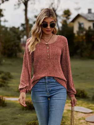 Aurora Round Neck Button-Down Long Sleeve Tee