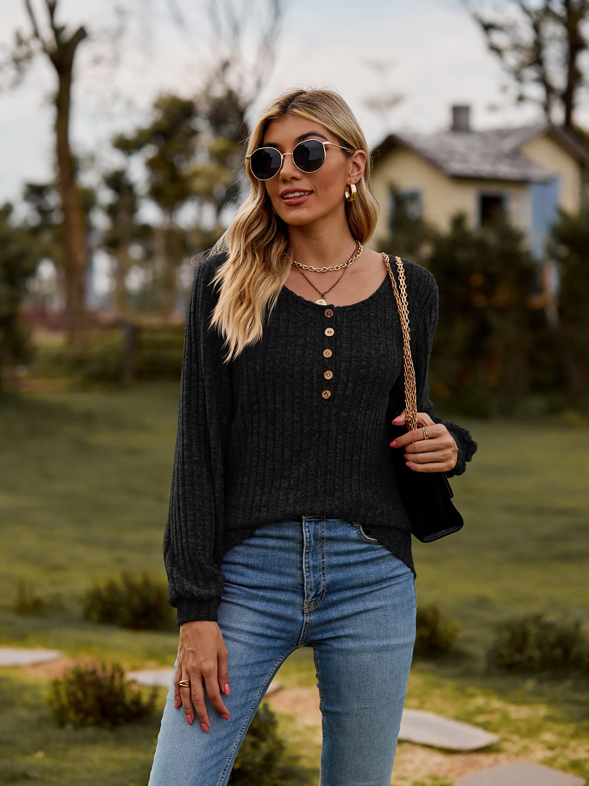 Aurora Round Neck Button-Down Long Sleeve Tee