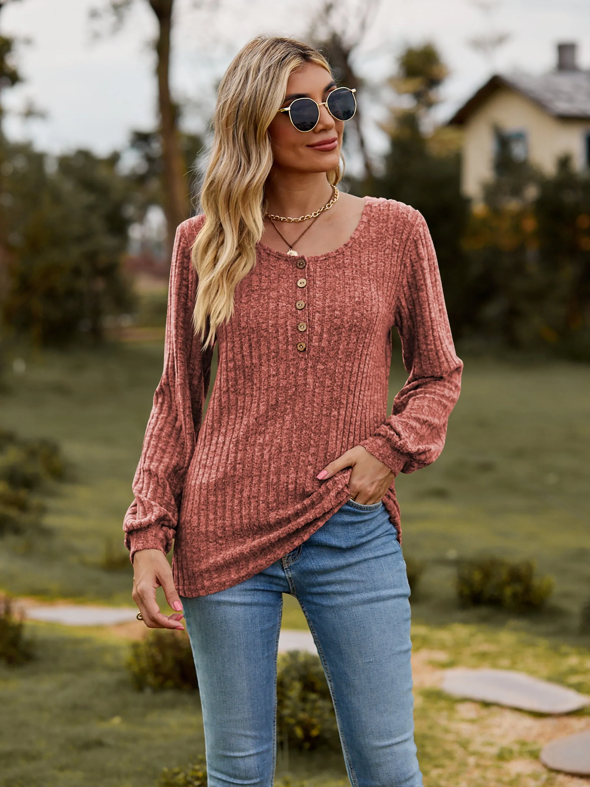 Aurora Round Neck Button-Down Long Sleeve Tee