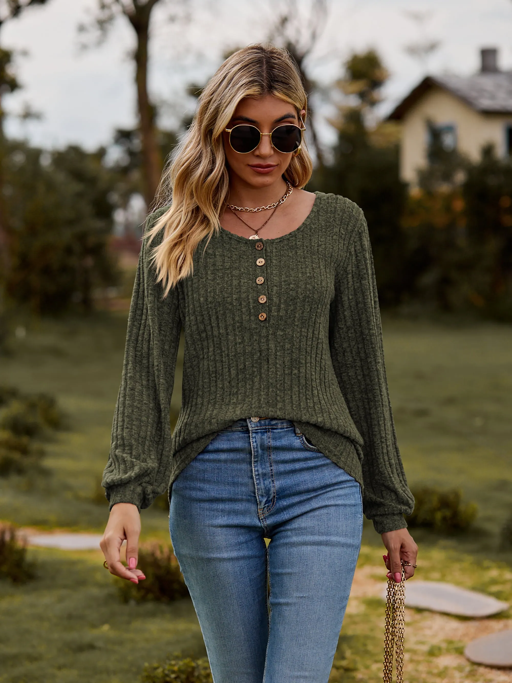 Aurora Round Neck Button-Down Long Sleeve Tee