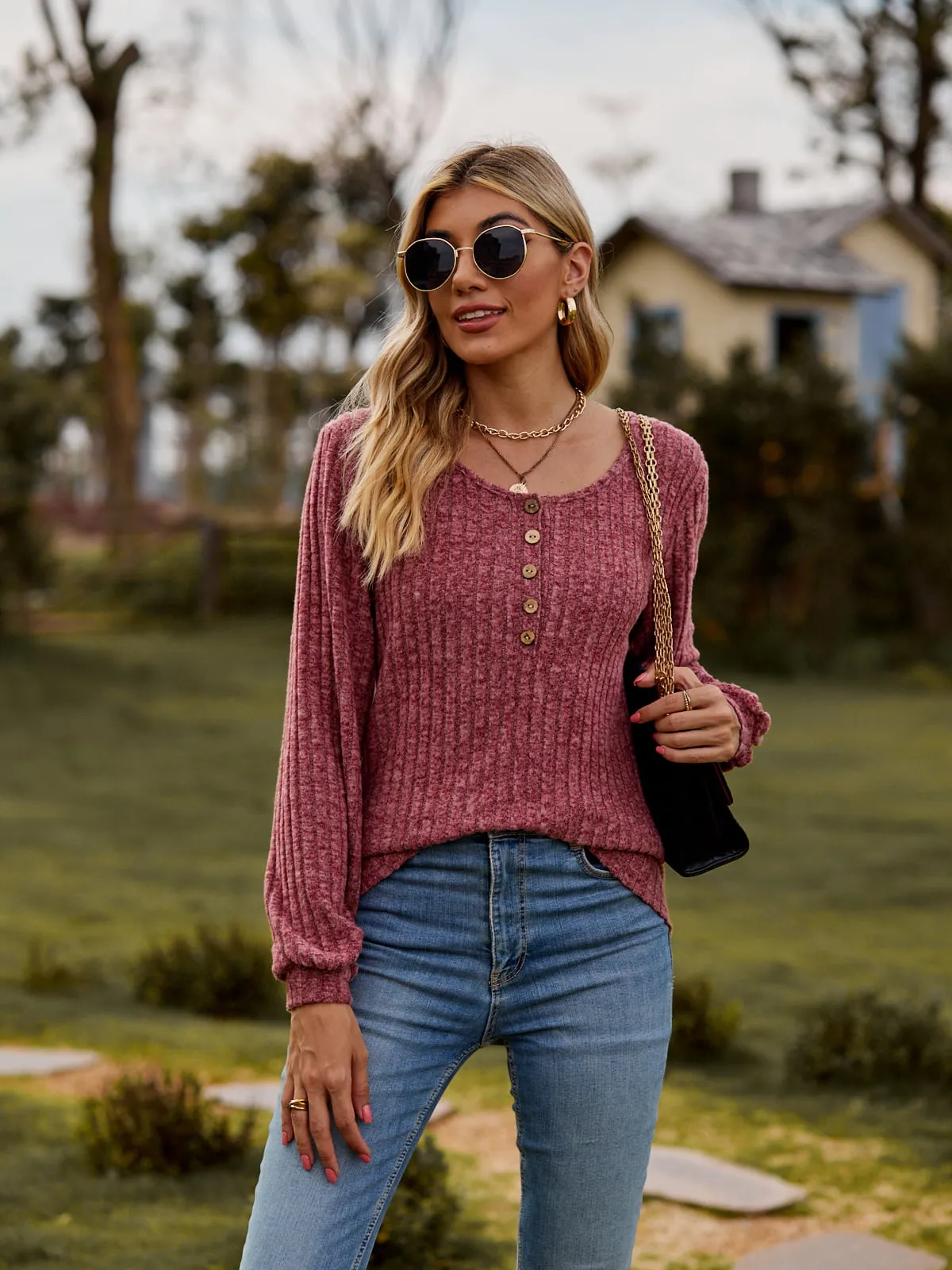 Aurora Round Neck Button-Down Long Sleeve Tee