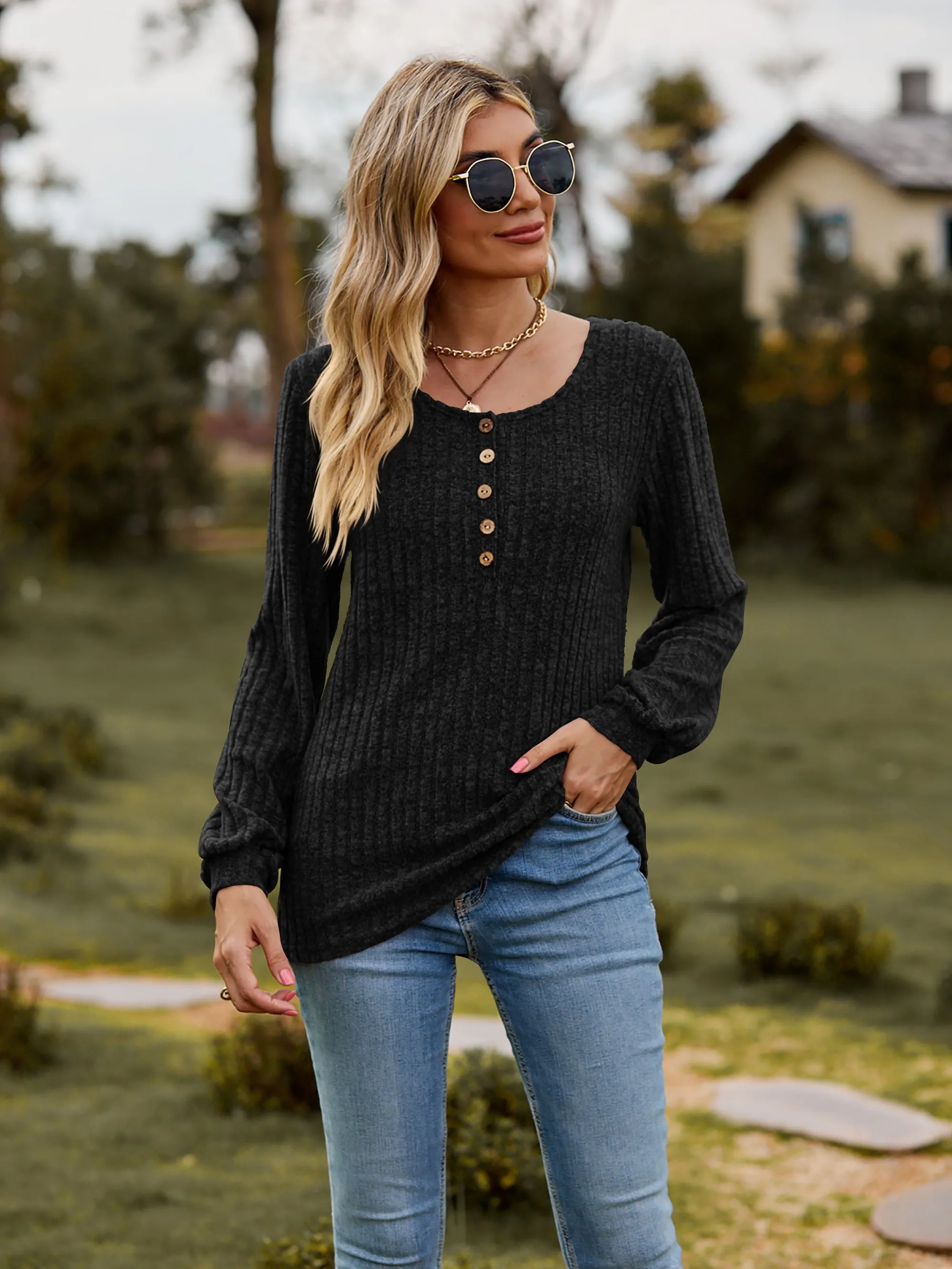 Aurora Round Neck Button-Down Long Sleeve Tee