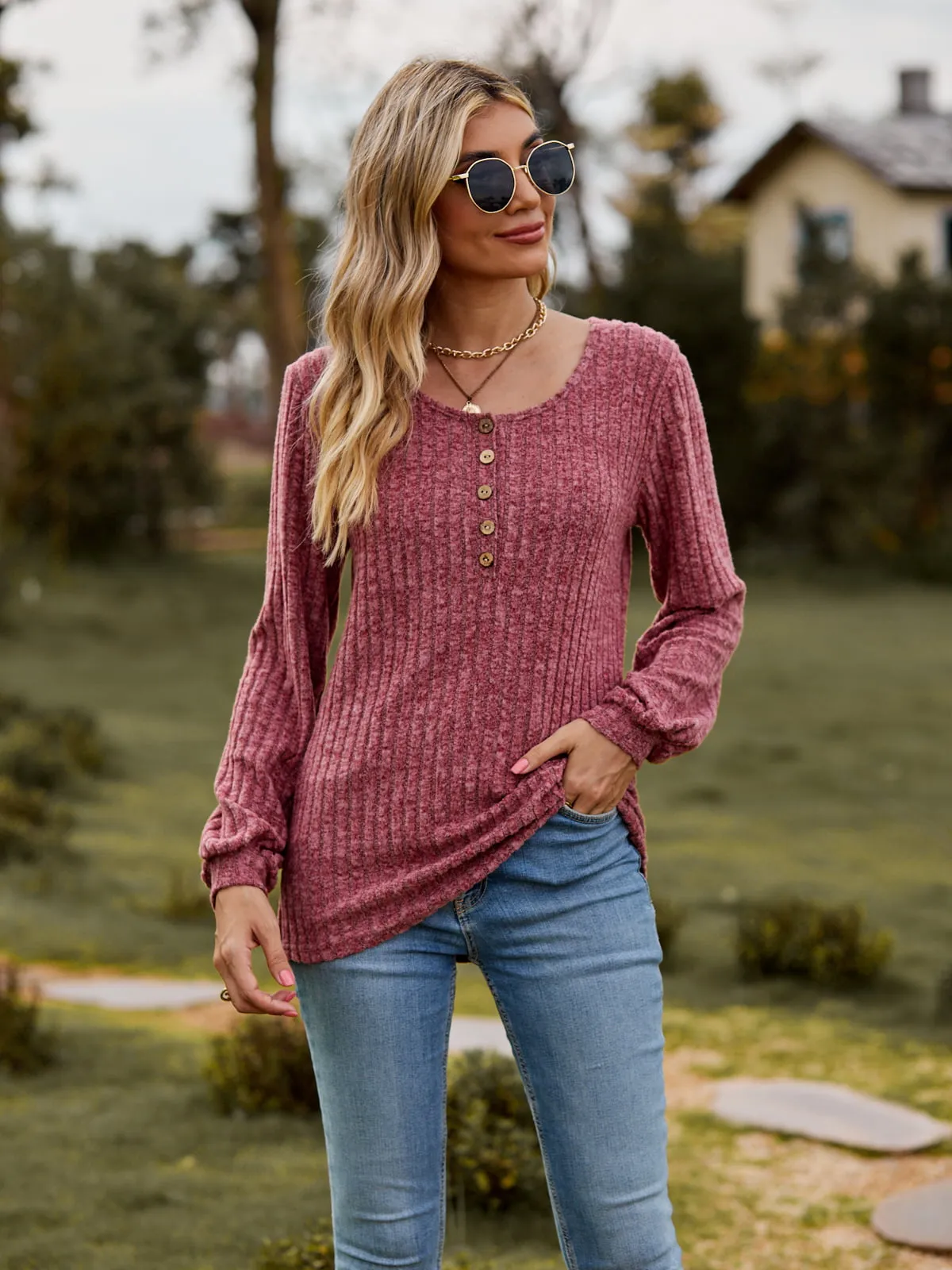 Aurora Round Neck Button-Down Long Sleeve Tee
