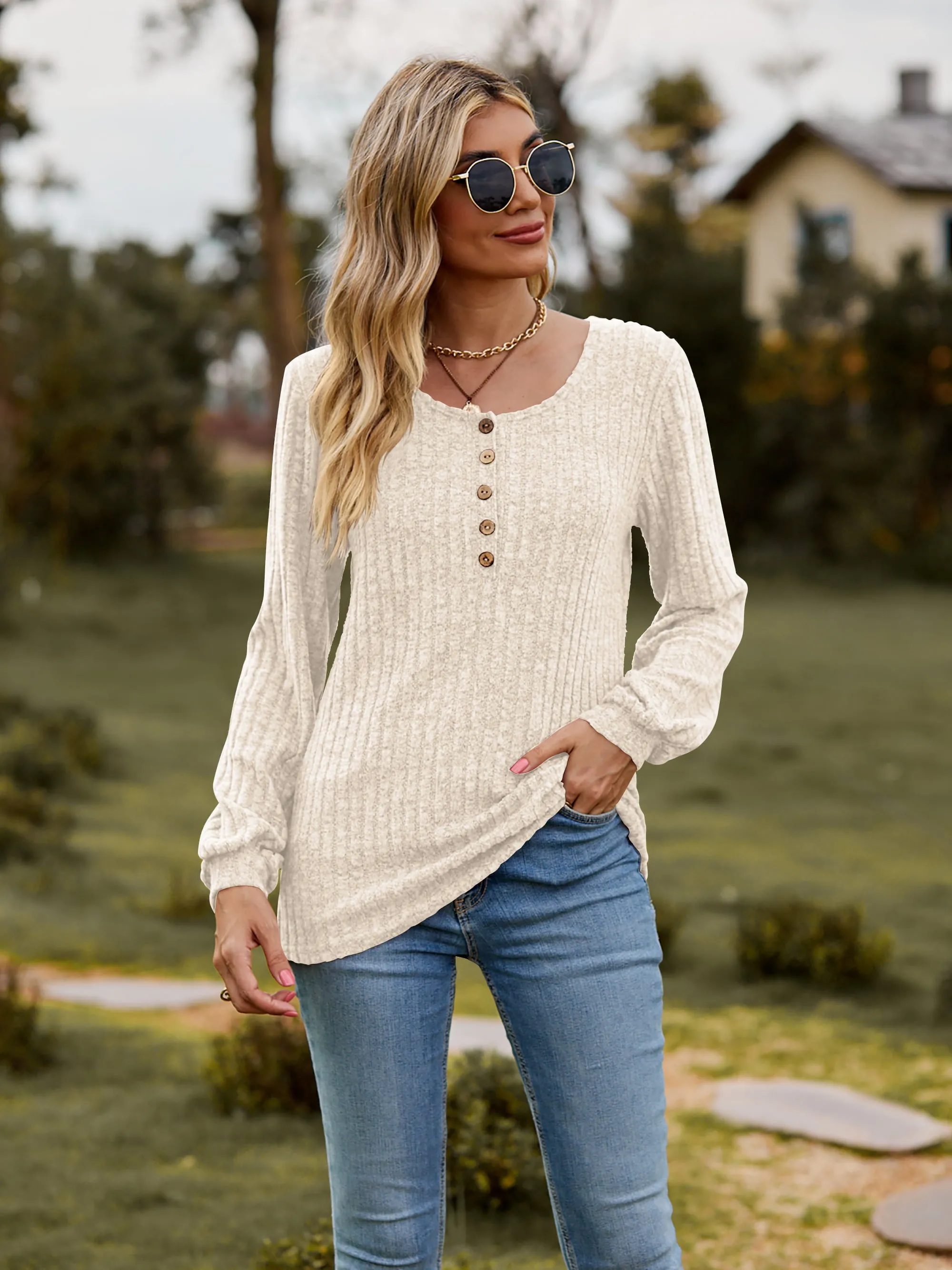 Aurora Round Neck Button-Down Long Sleeve Tee