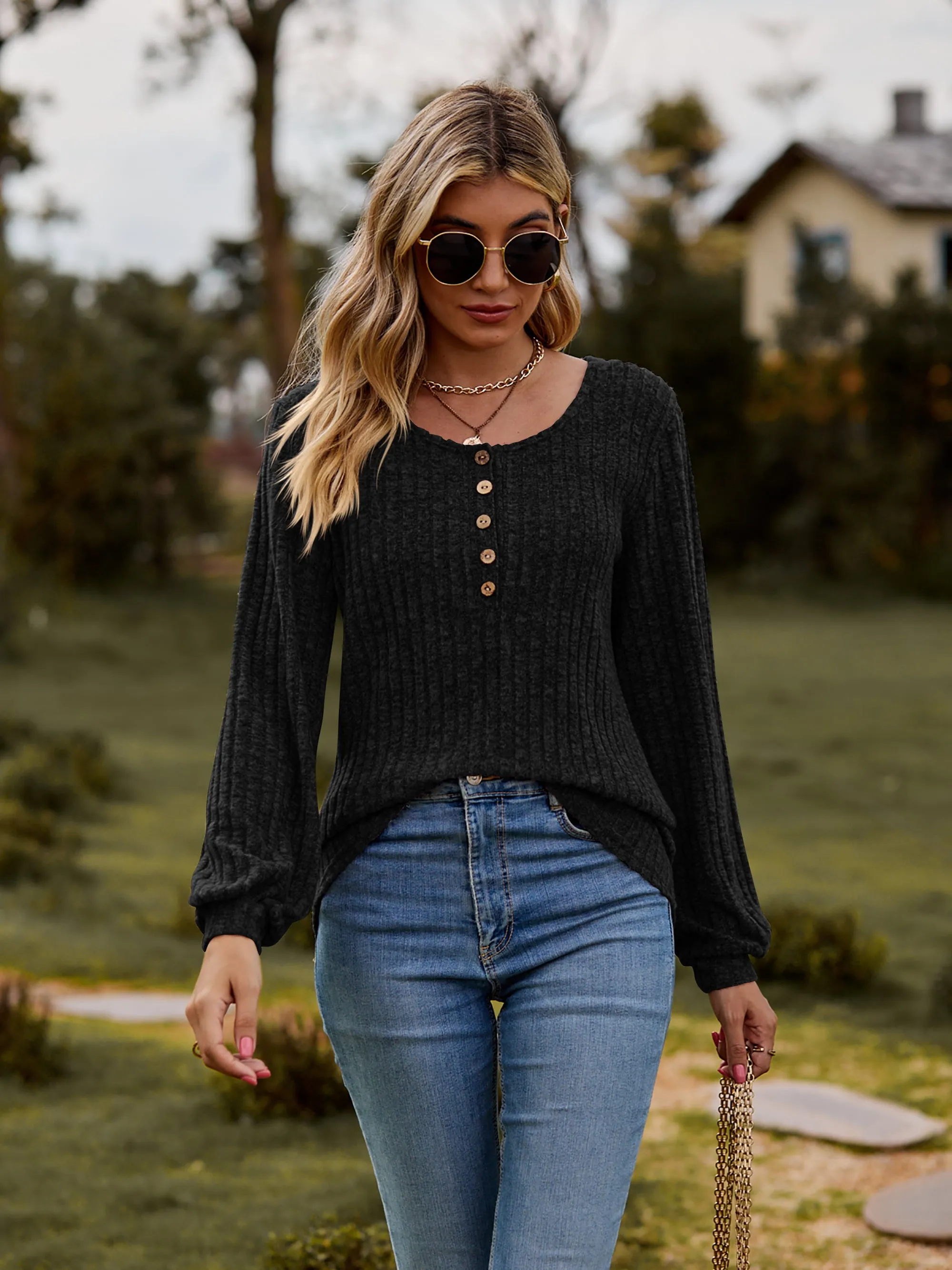 Aurora Round Neck Button-Down Long Sleeve Tee