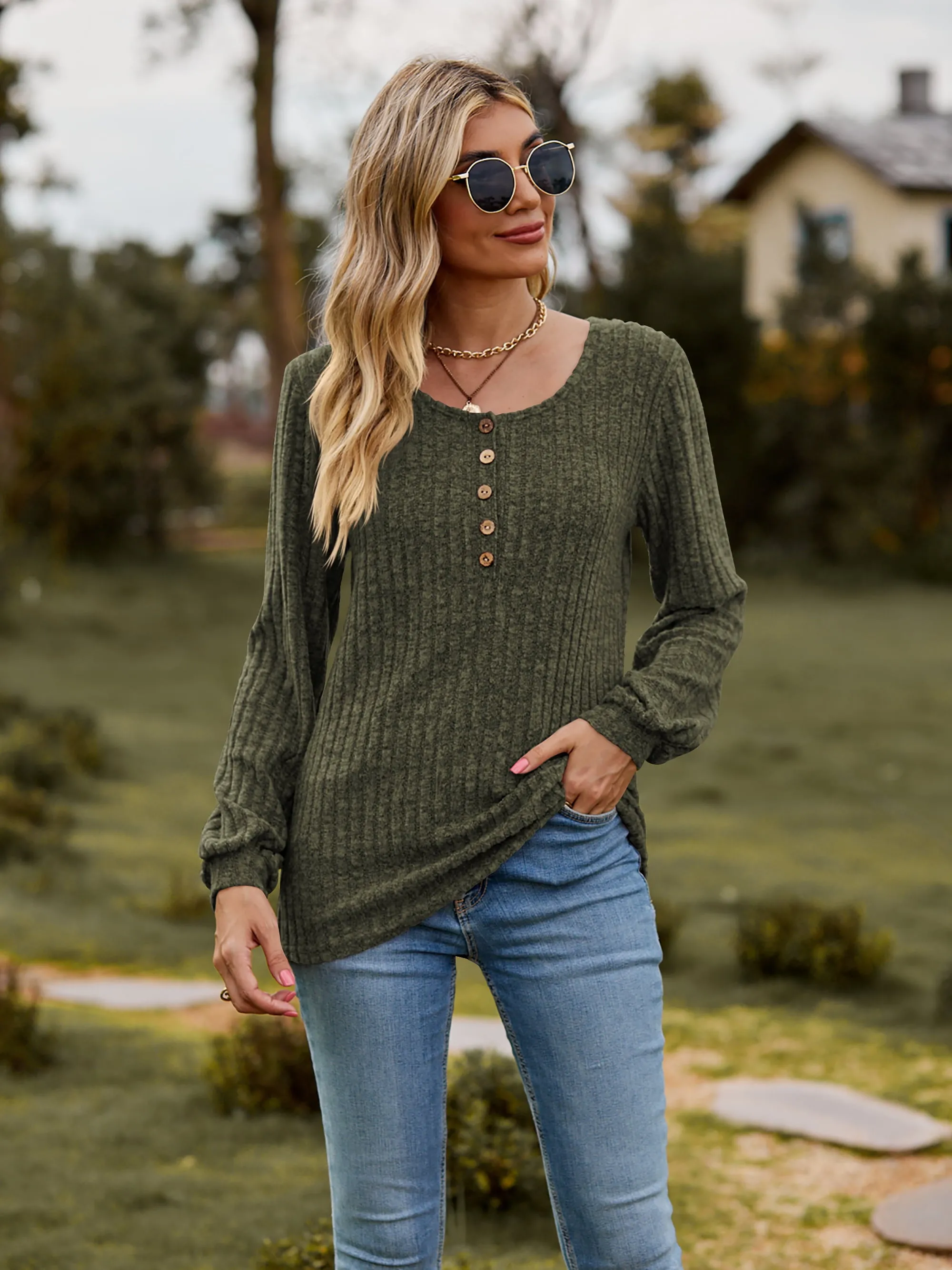 Aurora Round Neck Button-Down Long Sleeve Tee