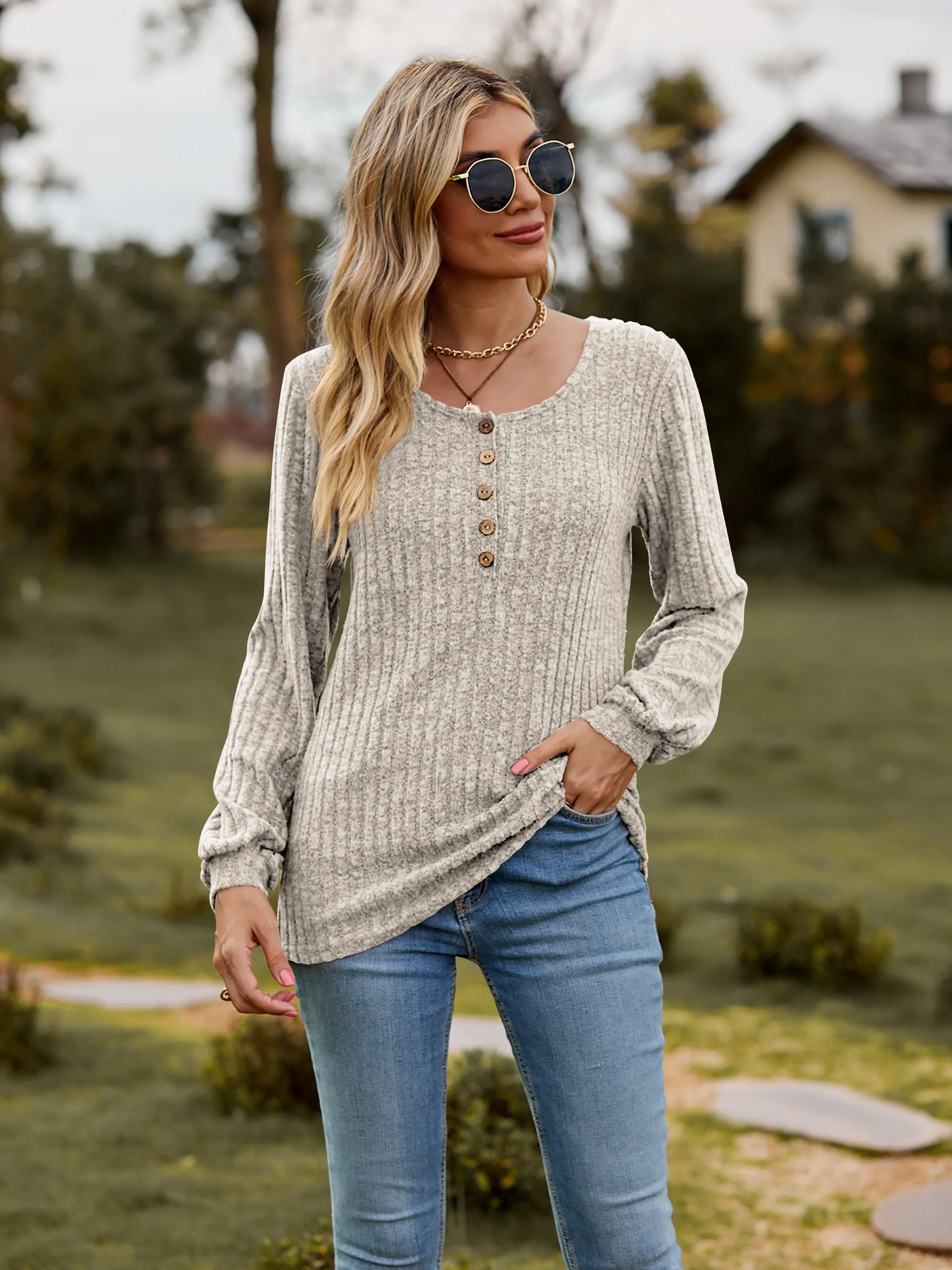 Aurora Round Neck Button-Down Long Sleeve Tee