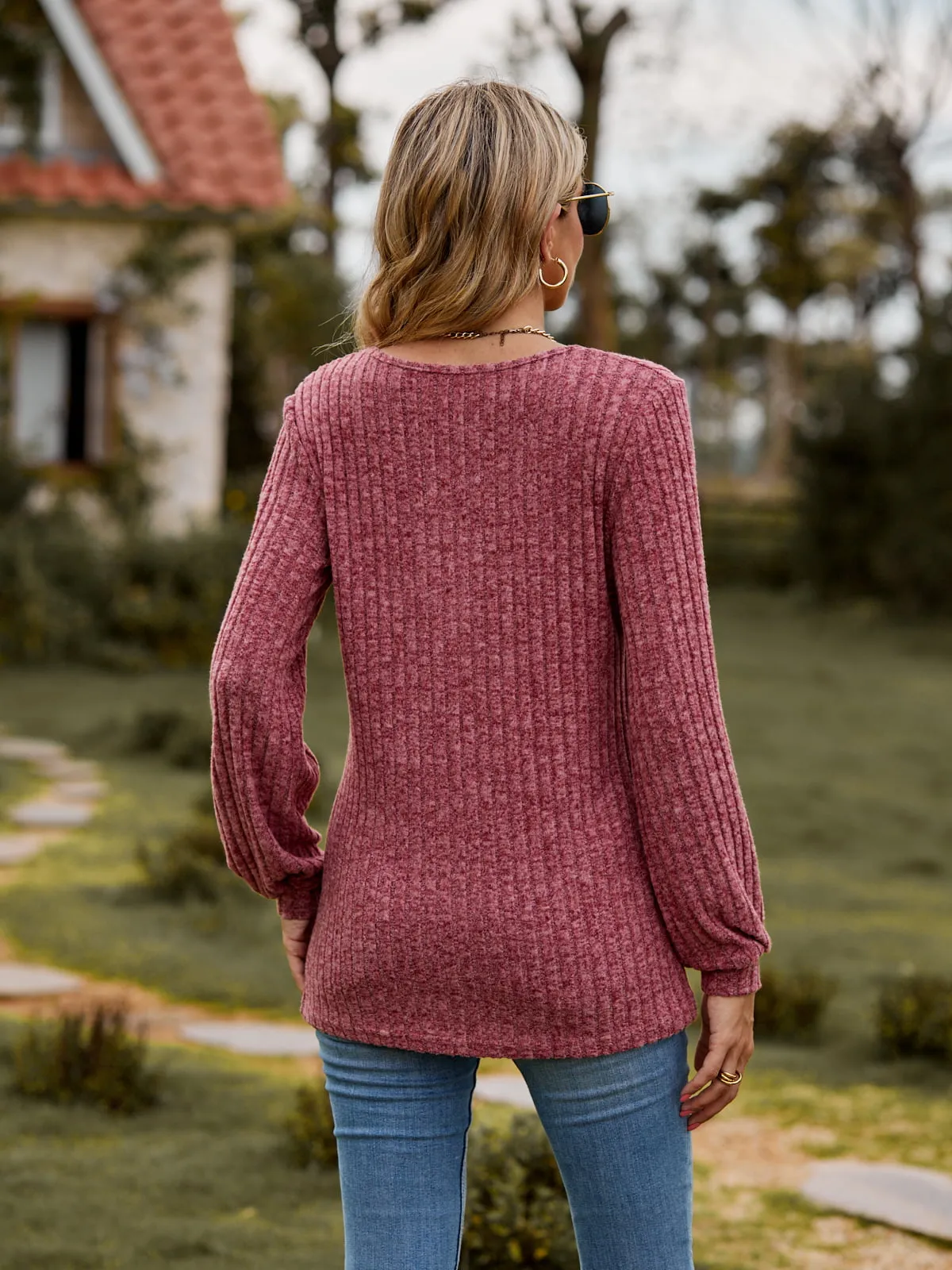 Aurora Round Neck Button-Down Long Sleeve Tee