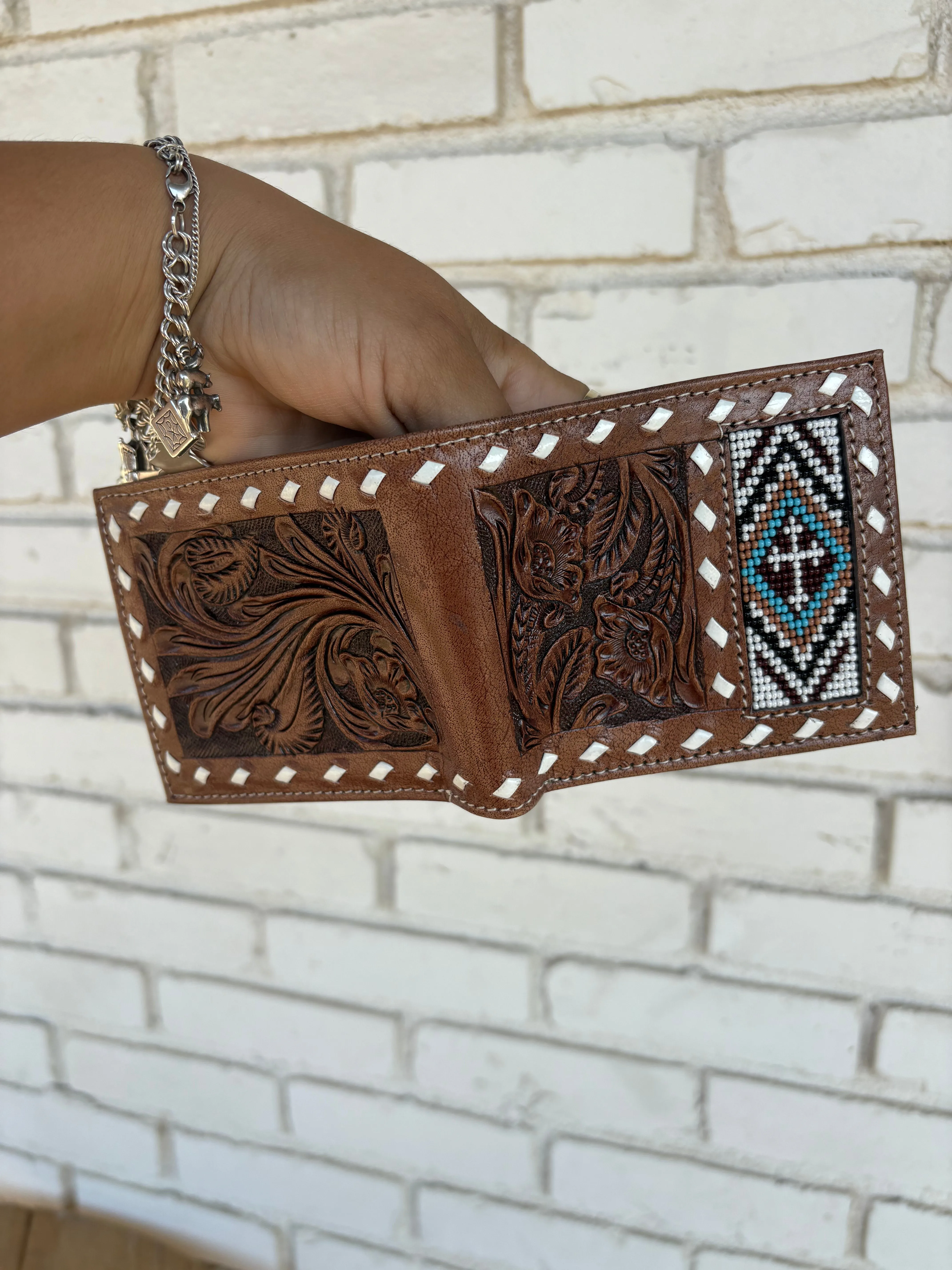 Beaded   Tooled Leather Bifold Wallet
