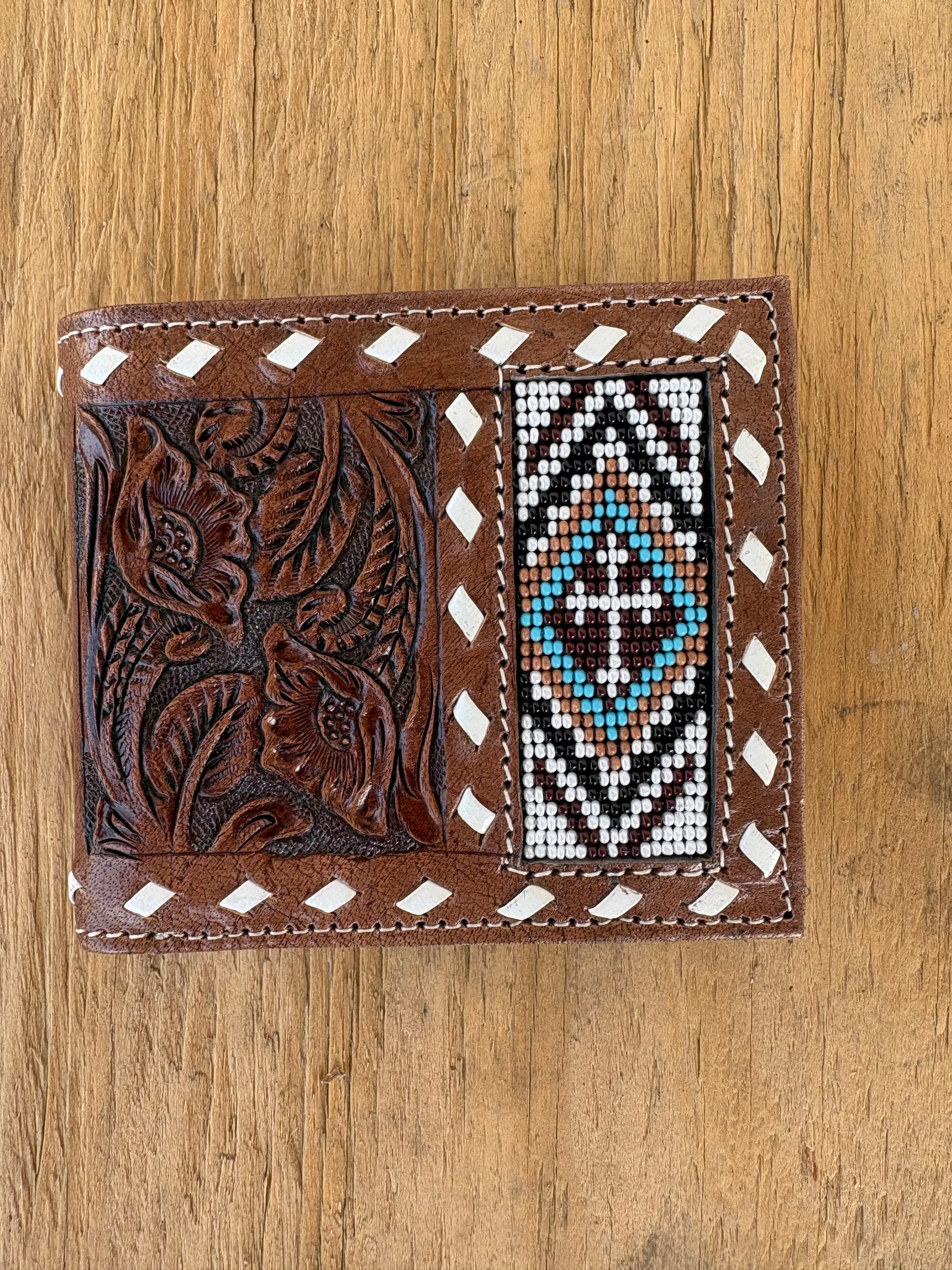 Beaded   Tooled Leather Bifold Wallet