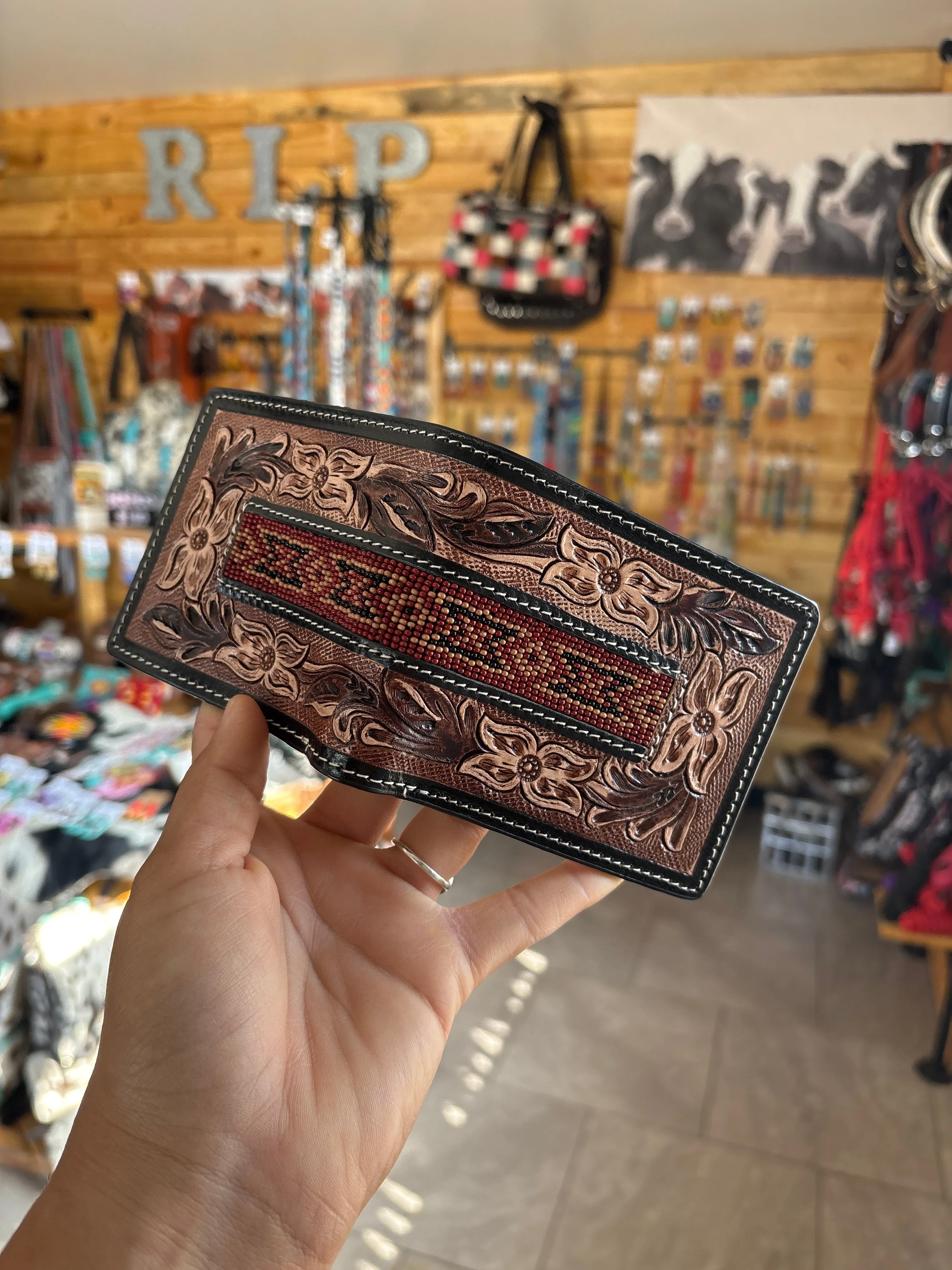 Beaded   Tooled Leather Bifold Wallet