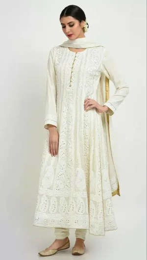 Beautiful Pure Georgette Handwork Chikankari Off-White Anarkali Suit