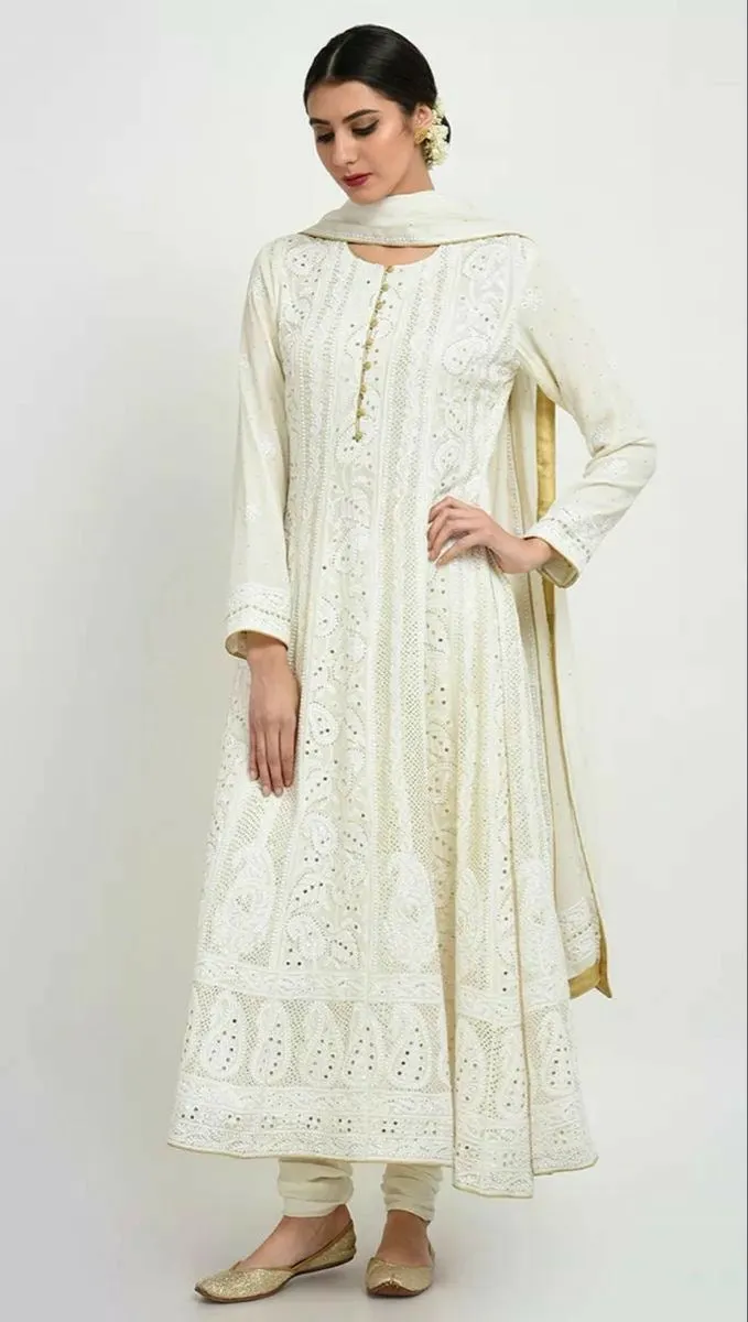 Beautiful Pure Georgette Handwork Chikankari Off-White Anarkali Suit