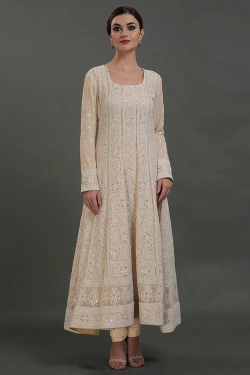 Beautiful Pure Georgette Handwork Chikankari Off-White Anarkali Suit