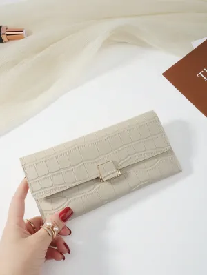 Beige Crocodile Embossed Fold Over Long Wallet - Beige