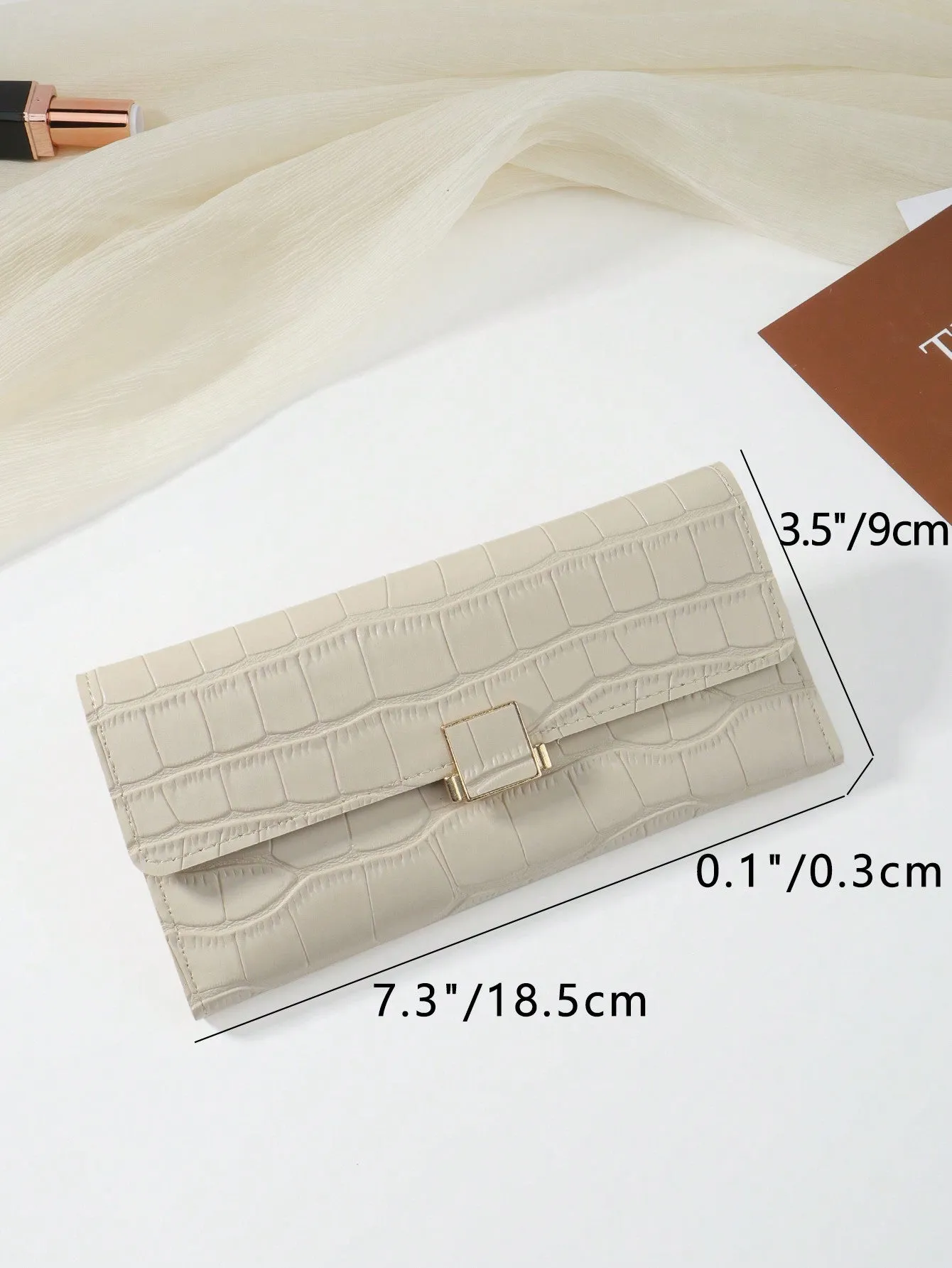 Beige Crocodile Embossed Fold Over Long Wallet - Beige