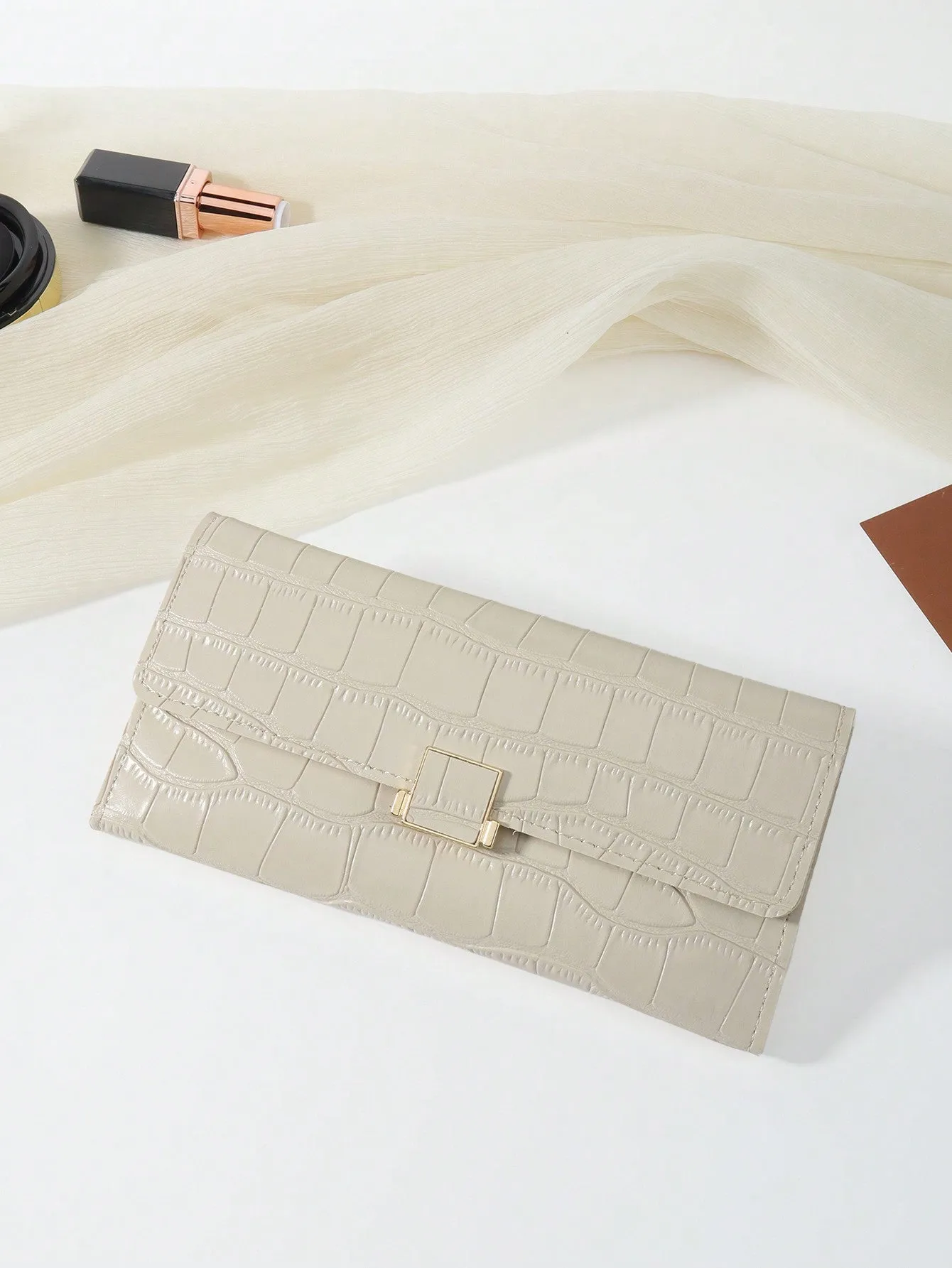 Beige Crocodile Embossed Fold Over Long Wallet - Beige