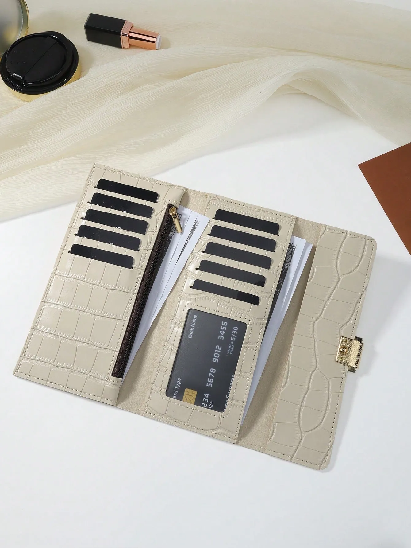 Beige Crocodile Embossed Fold Over Long Wallet - Beige