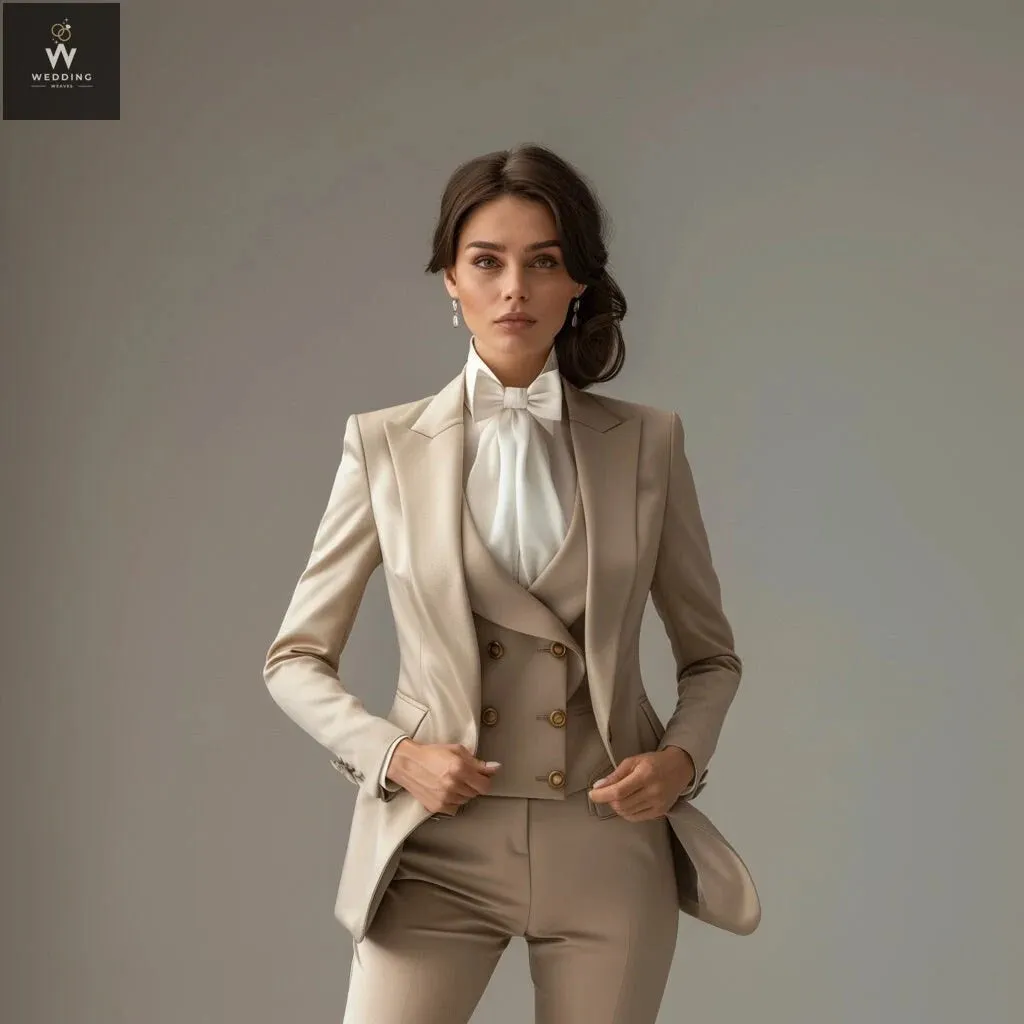 Beige Women's Three-Piece Tuxedo Suit - Elegant Dressy Pant Suits & Formal Wear