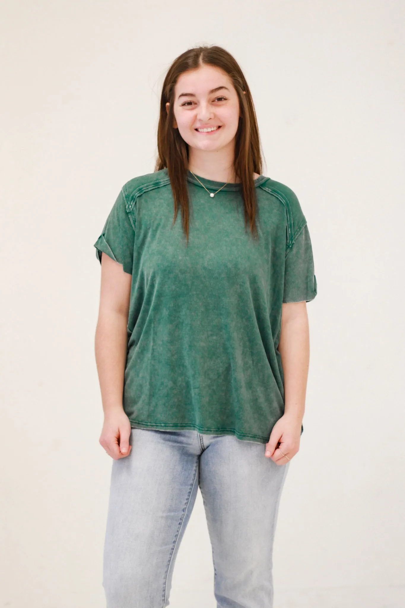 Bimini Days Acid Wash Ribbed Top in Hunter Green