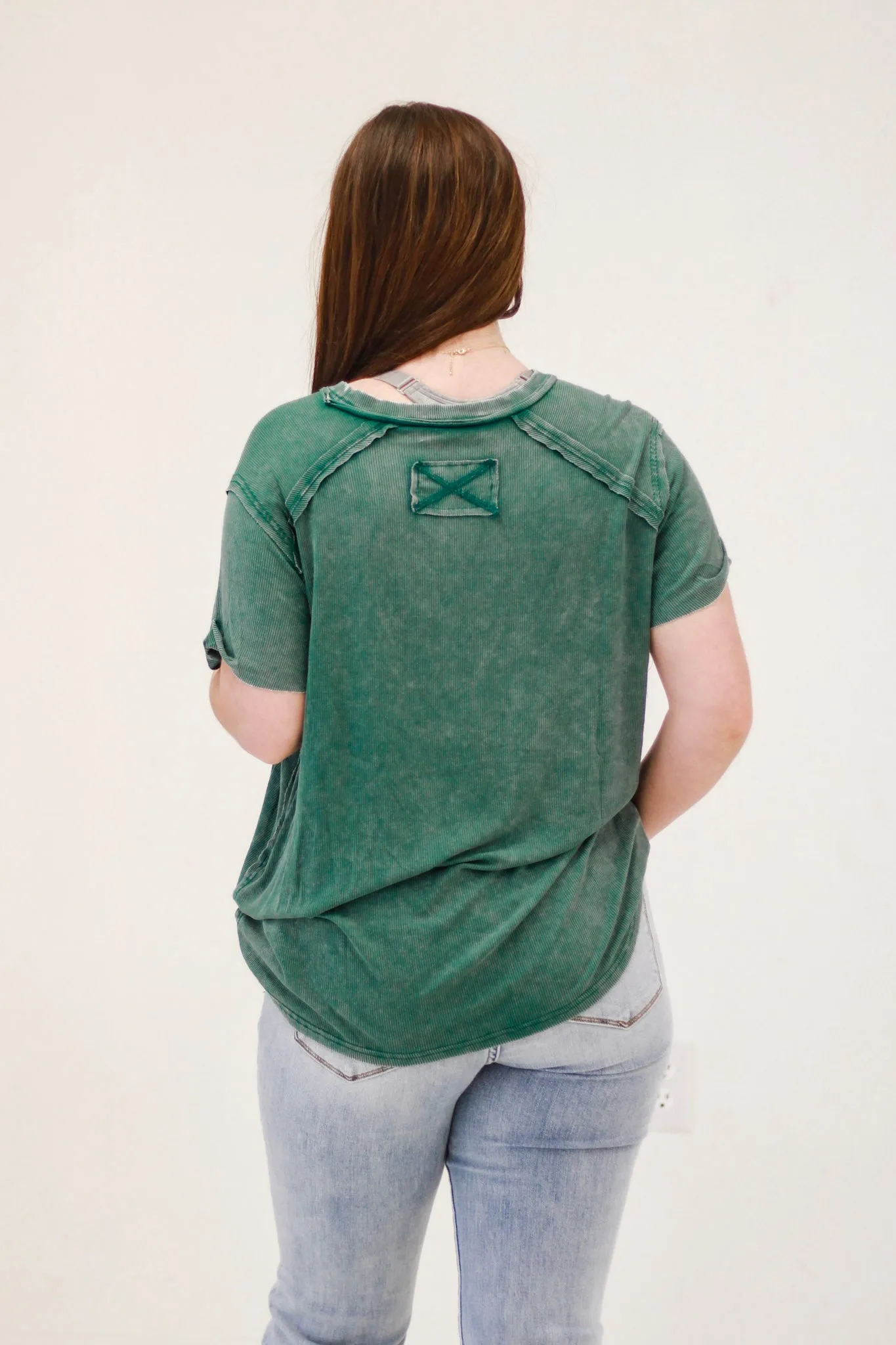 Bimini Days Acid Wash Ribbed Top in Hunter Green