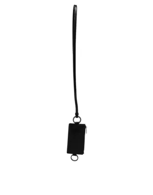 Black Calf Leather Lanyard Logo Card Holder Wallet