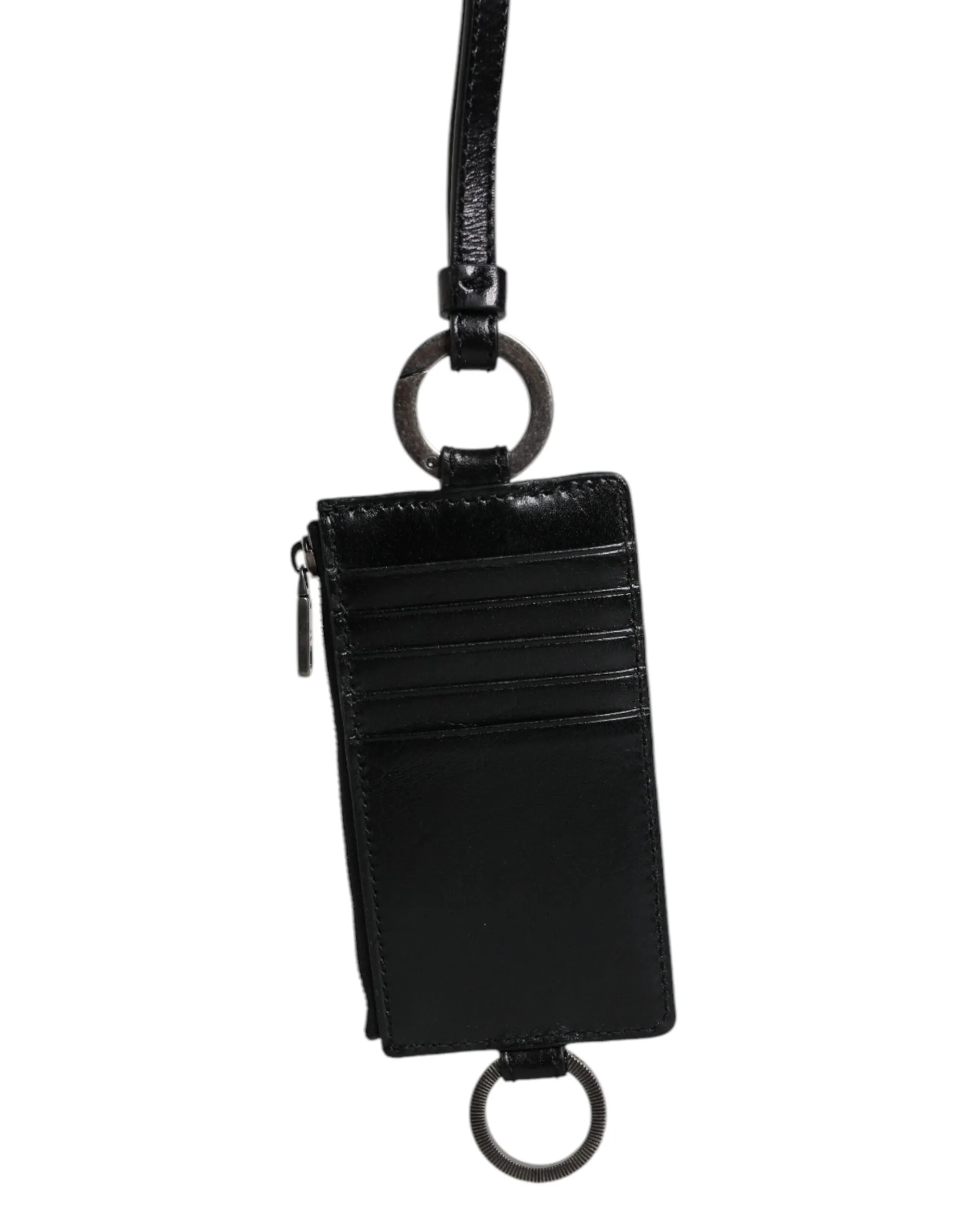 Black Calf Leather Lanyard Logo Card Holder Wallet