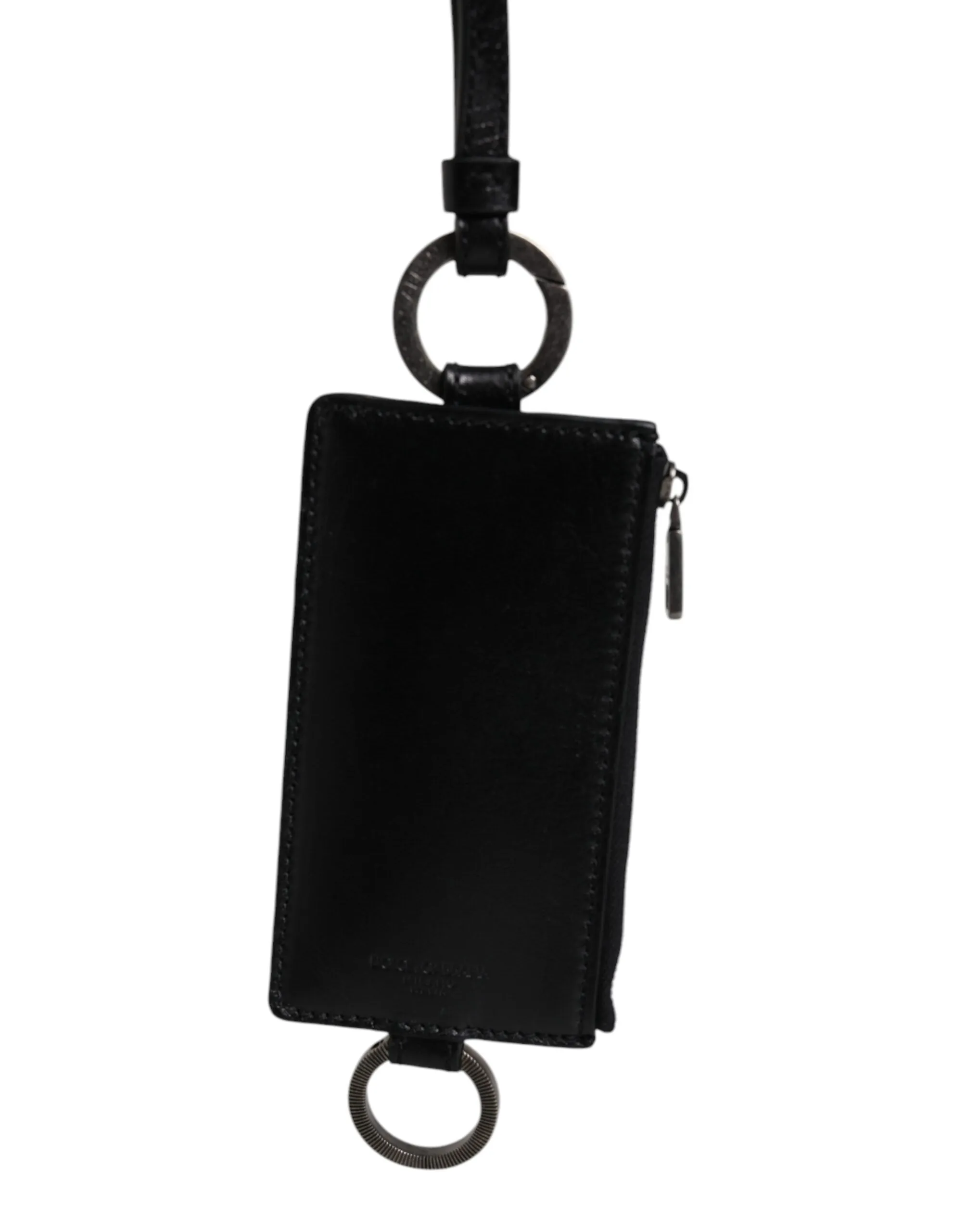 Black Calf Leather Lanyard Logo Card Holder Wallet