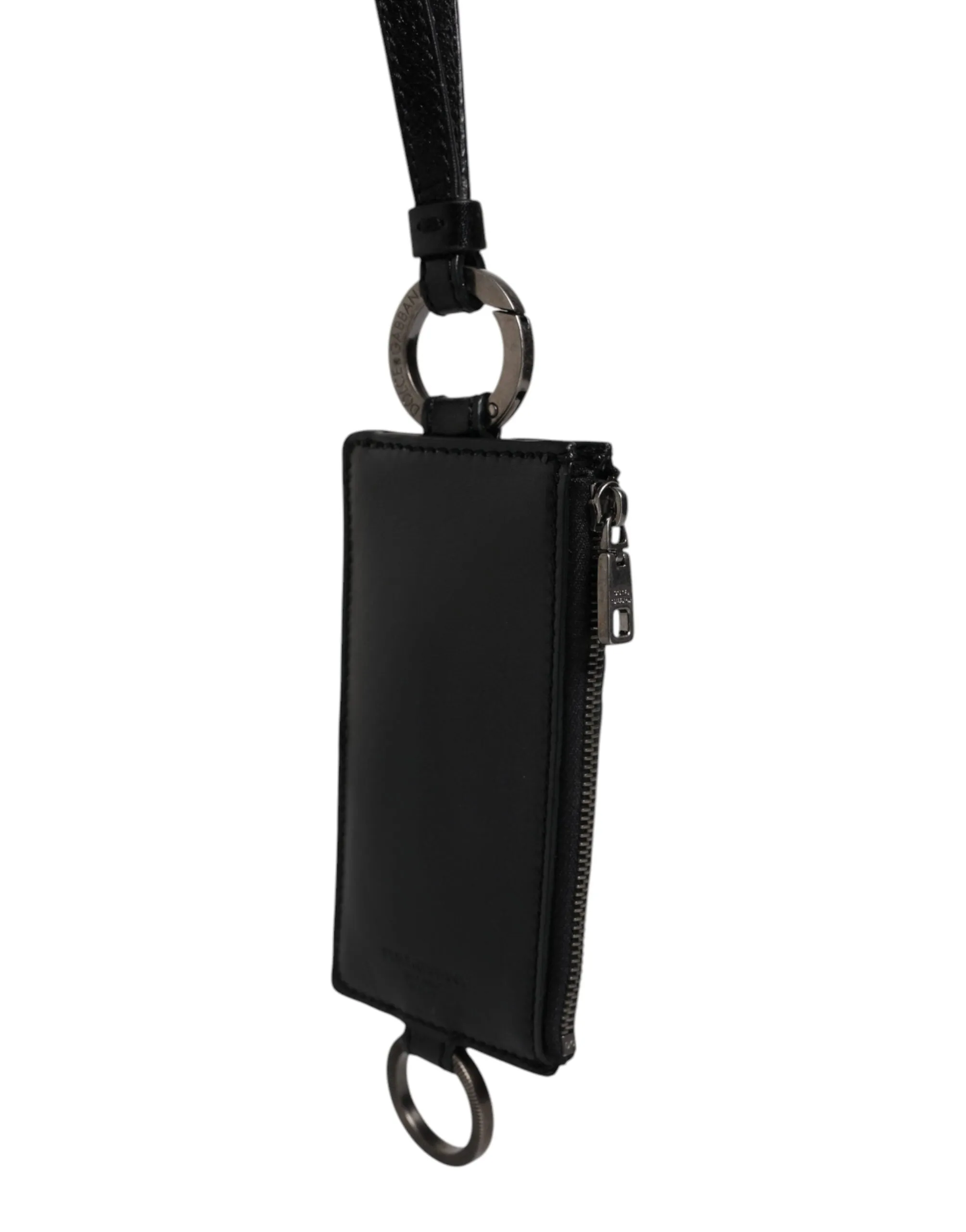 Black Calf Leather Lanyard Logo Card Holder Wallet