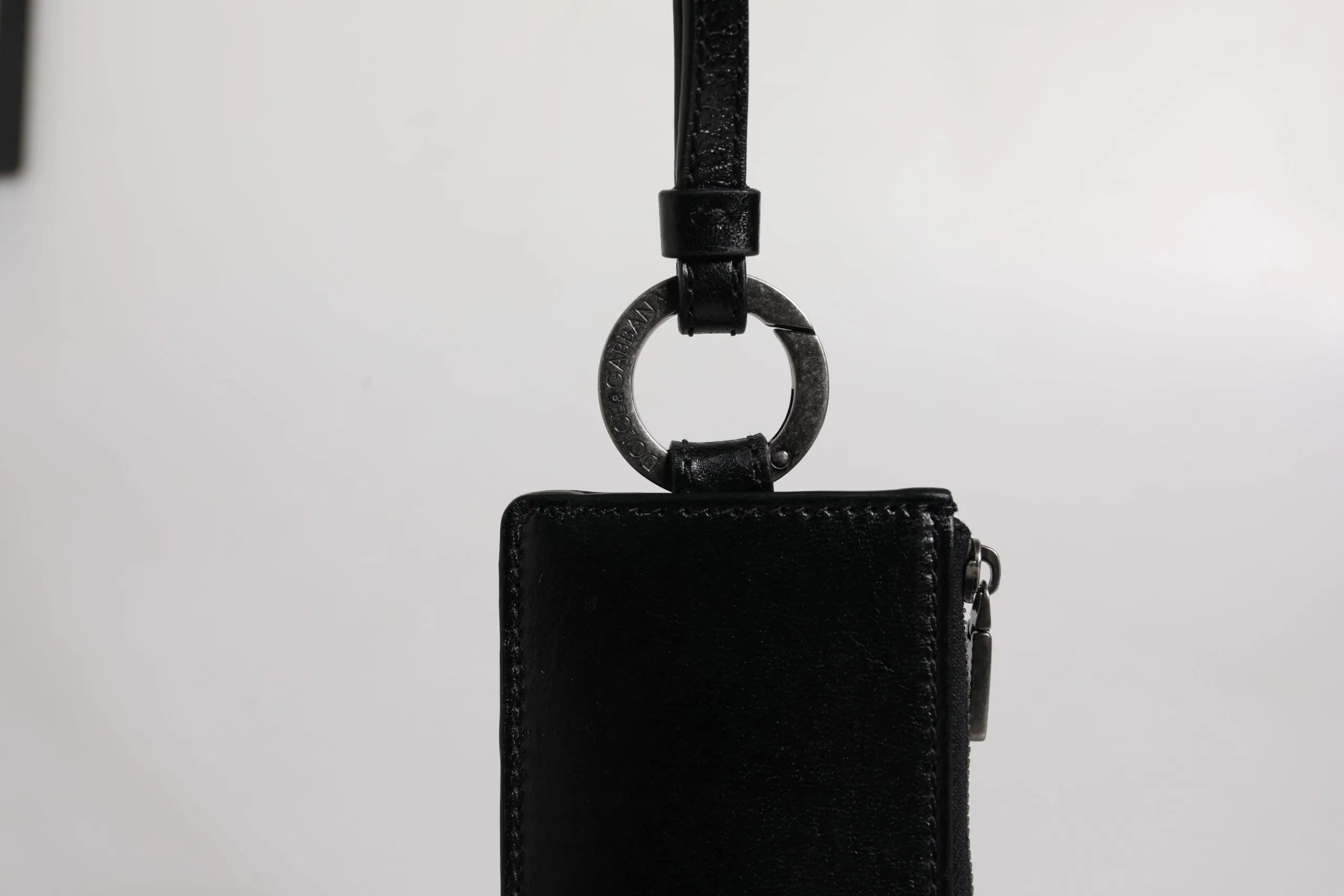 Black Calf Leather Lanyard Logo Card Holder Wallet
